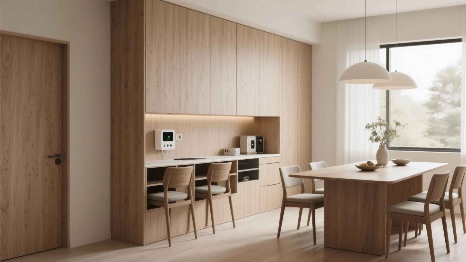Built-in sideboard in dining room doubling as storage and charging station.