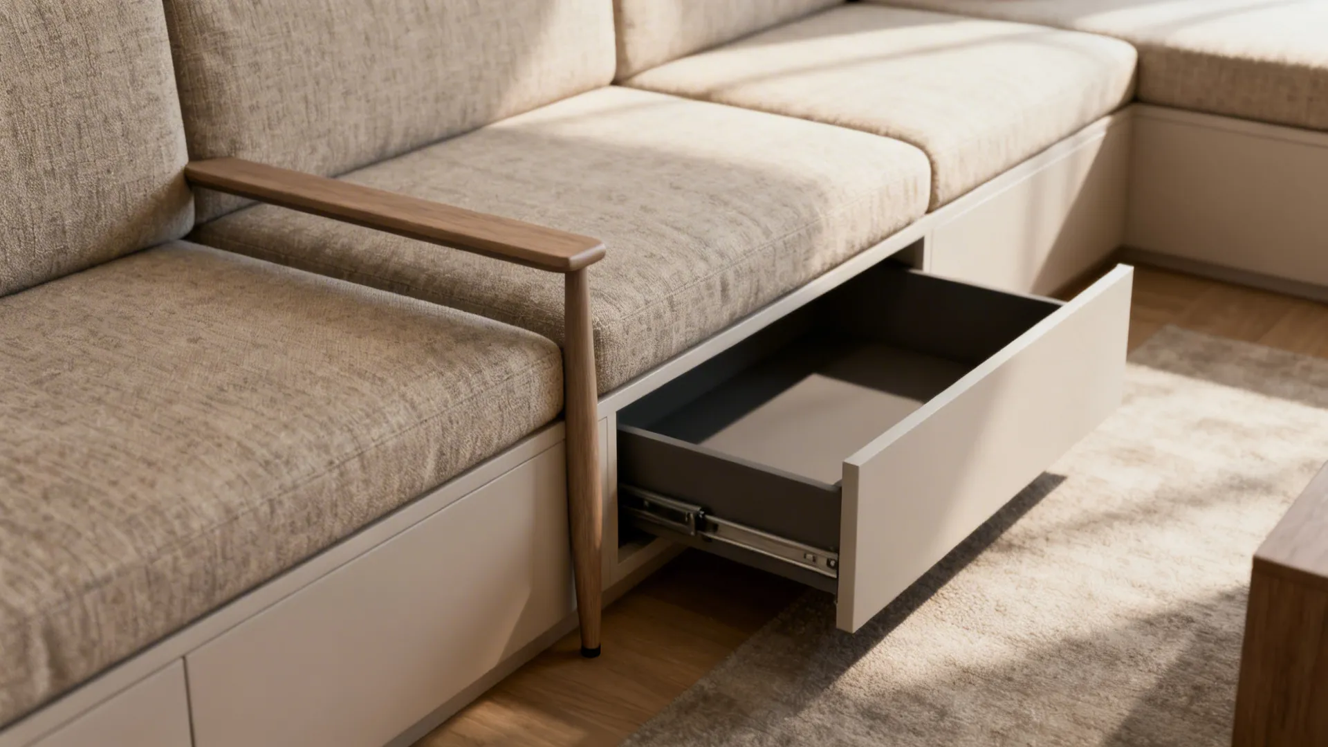 Low-profile modular sofa with built-in storage drawer and slim legs in a small living room.