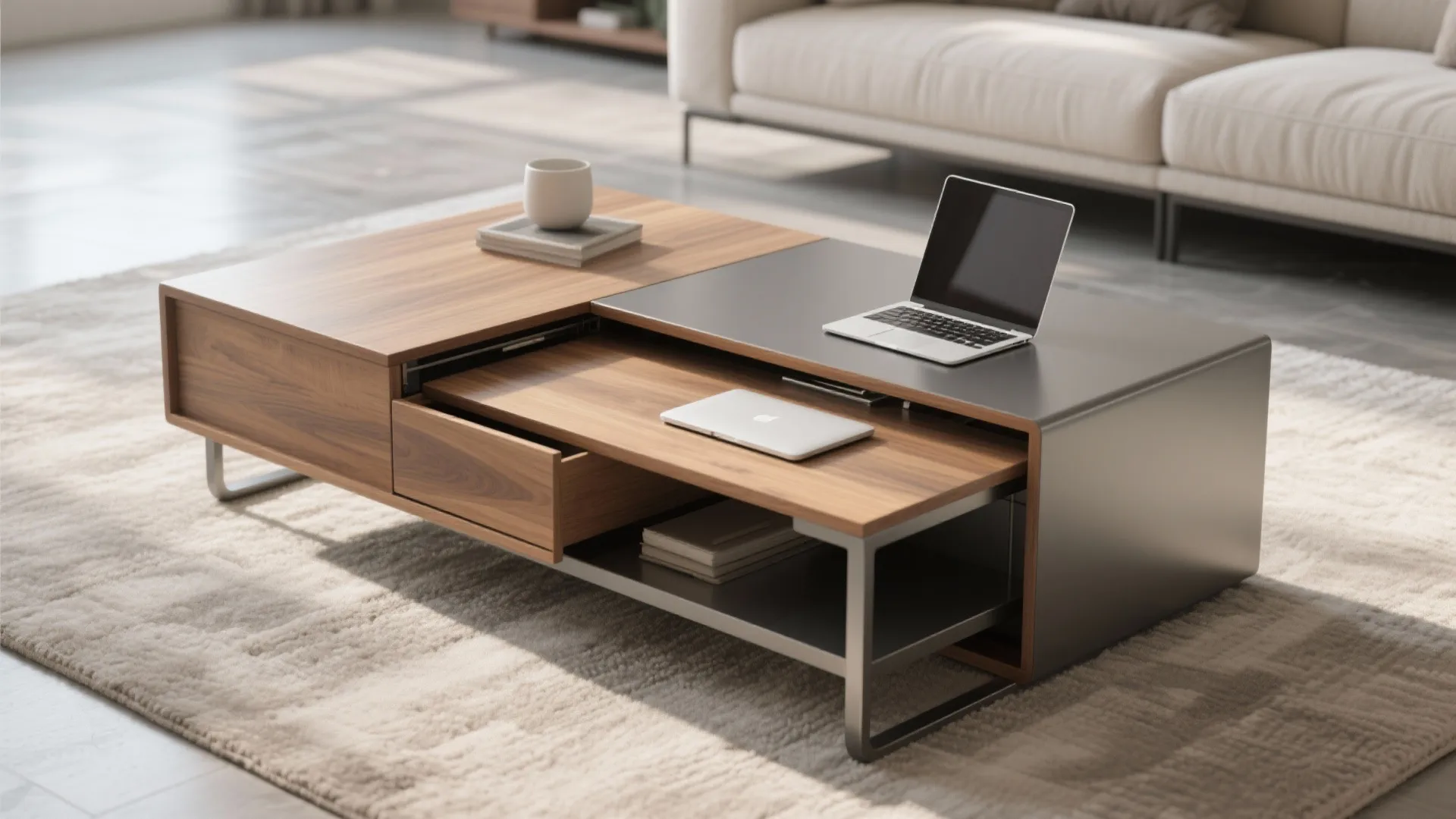 Modern wood coffee table with sliding hidden storage drawer holding a laptop on carpeted floor