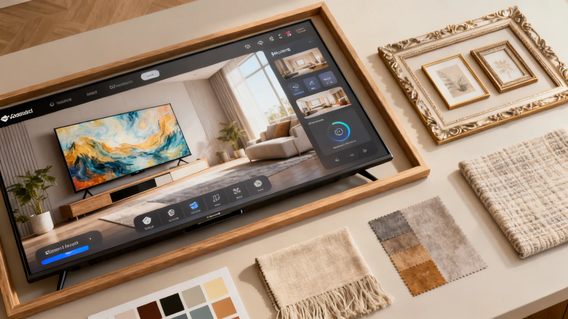 Flatlay showing a TV in art mode, smart display mockups, and material swatches illustrating multi-function screen styling.