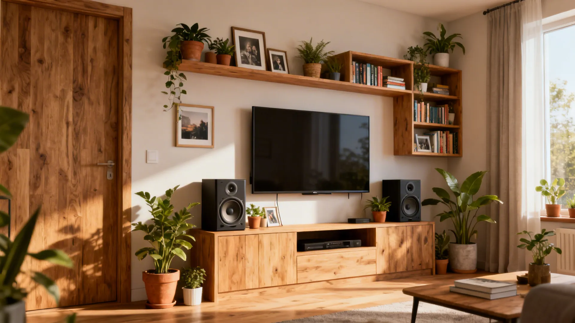 Modern living room featuring wooden TV cabinet, wall shelves, black speakers, and many potted plants