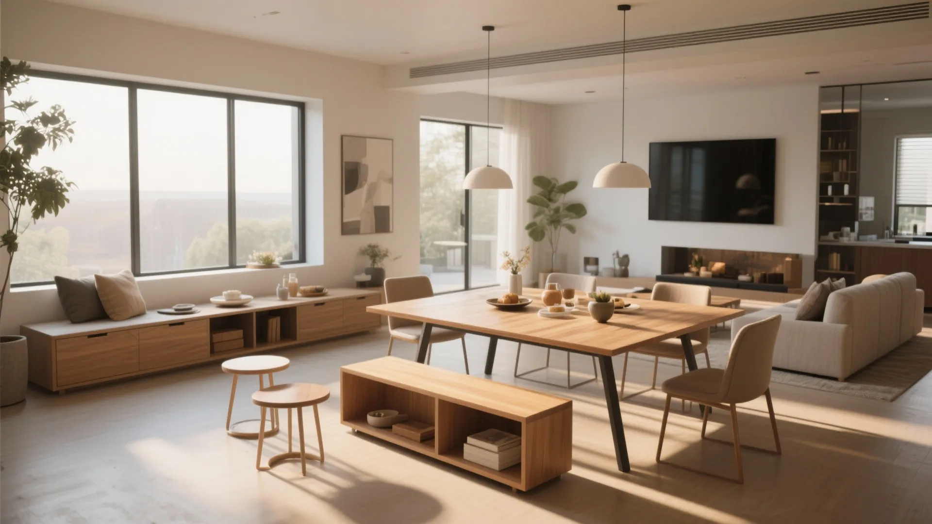 Open-plan living-dining area with adaptable furniture pieces