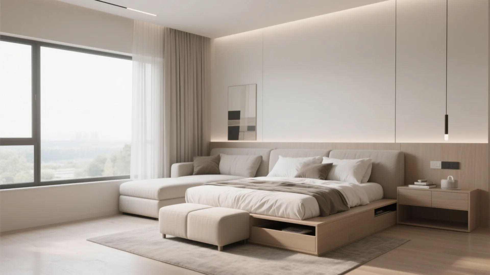 Modern bedroom with wooden bed frame plus sofa next to a large window with curtains