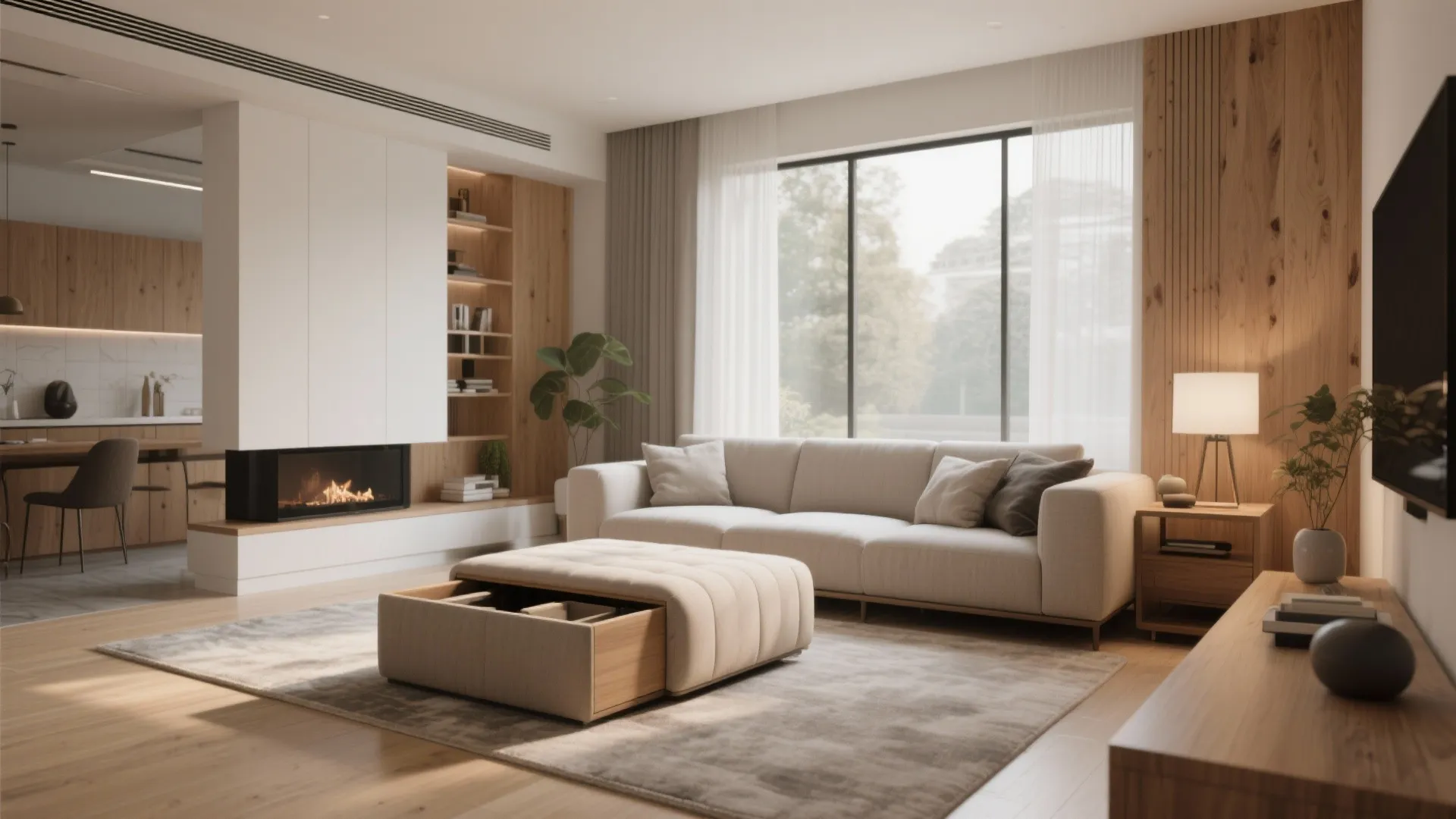 Open plan living area featuring beige sofa fireplace wood wall panel and storage footrest seat
