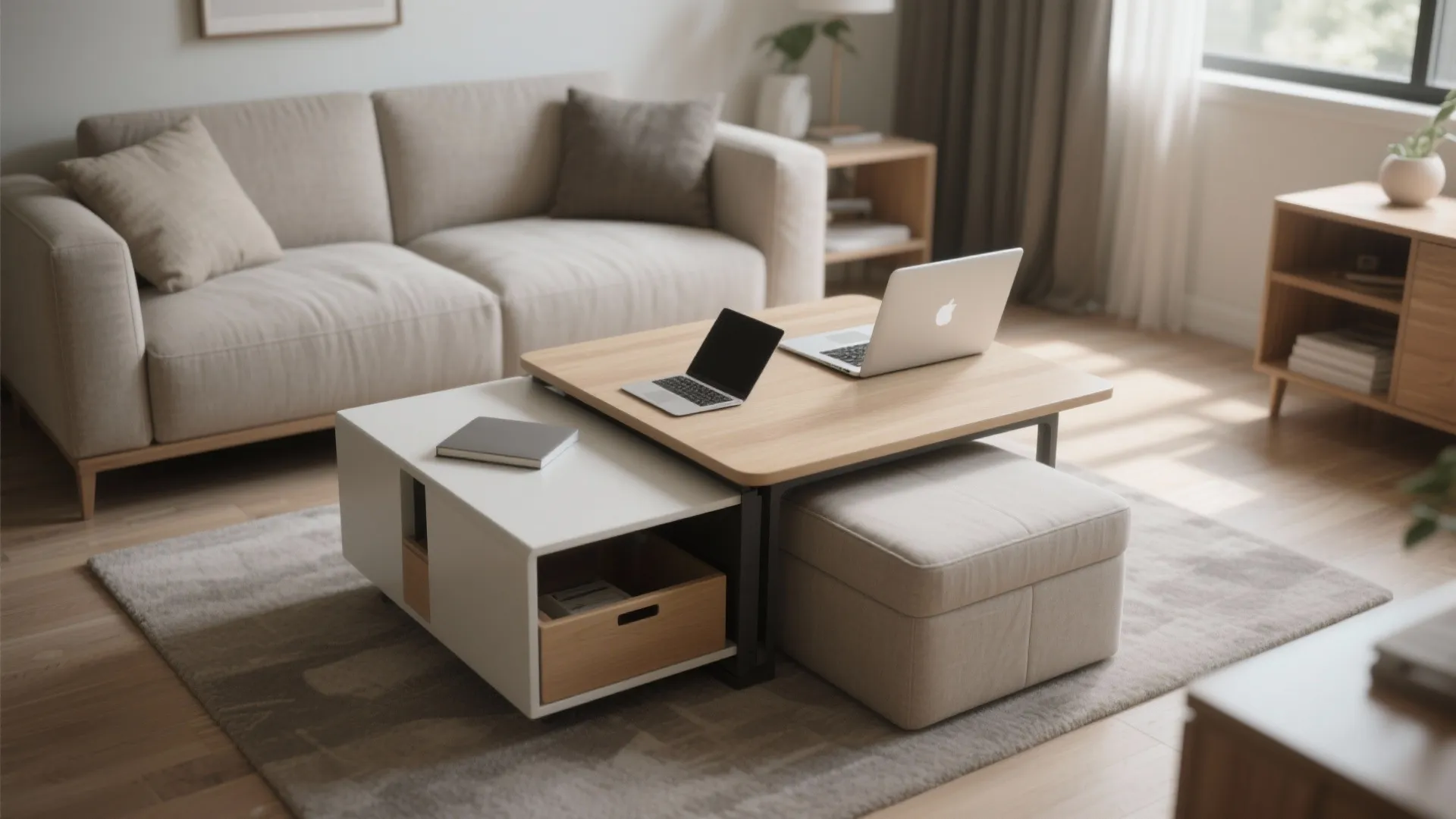 Modern living room with sofa and multi functional coffee table holding laptop and small footrest