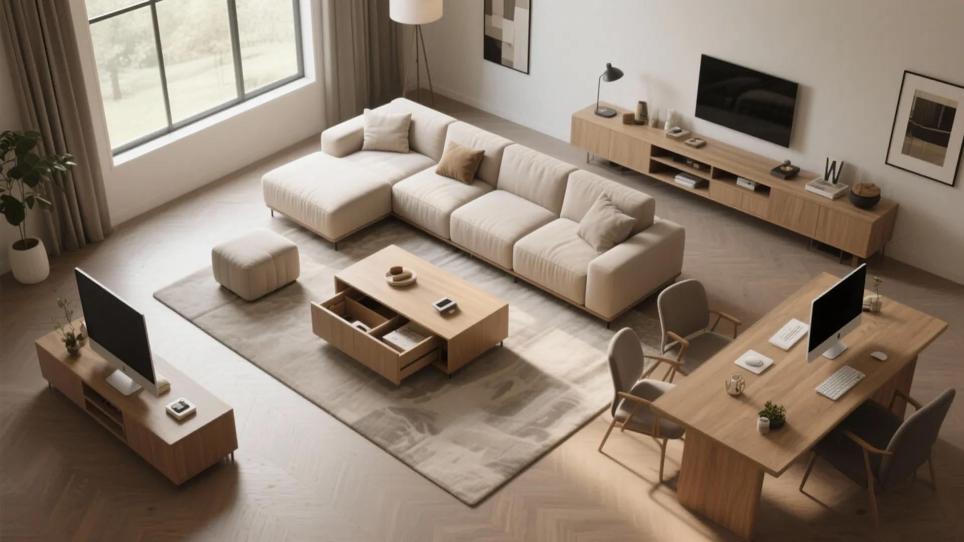 Top view of open plan living room and home office with beige sofa and wooden desk