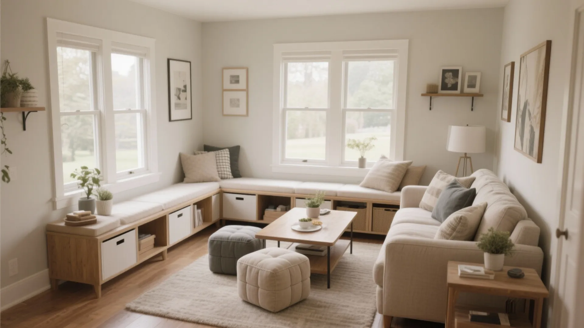 Small living room with corner window seating storage cabinets beige sofa and two square footrests
