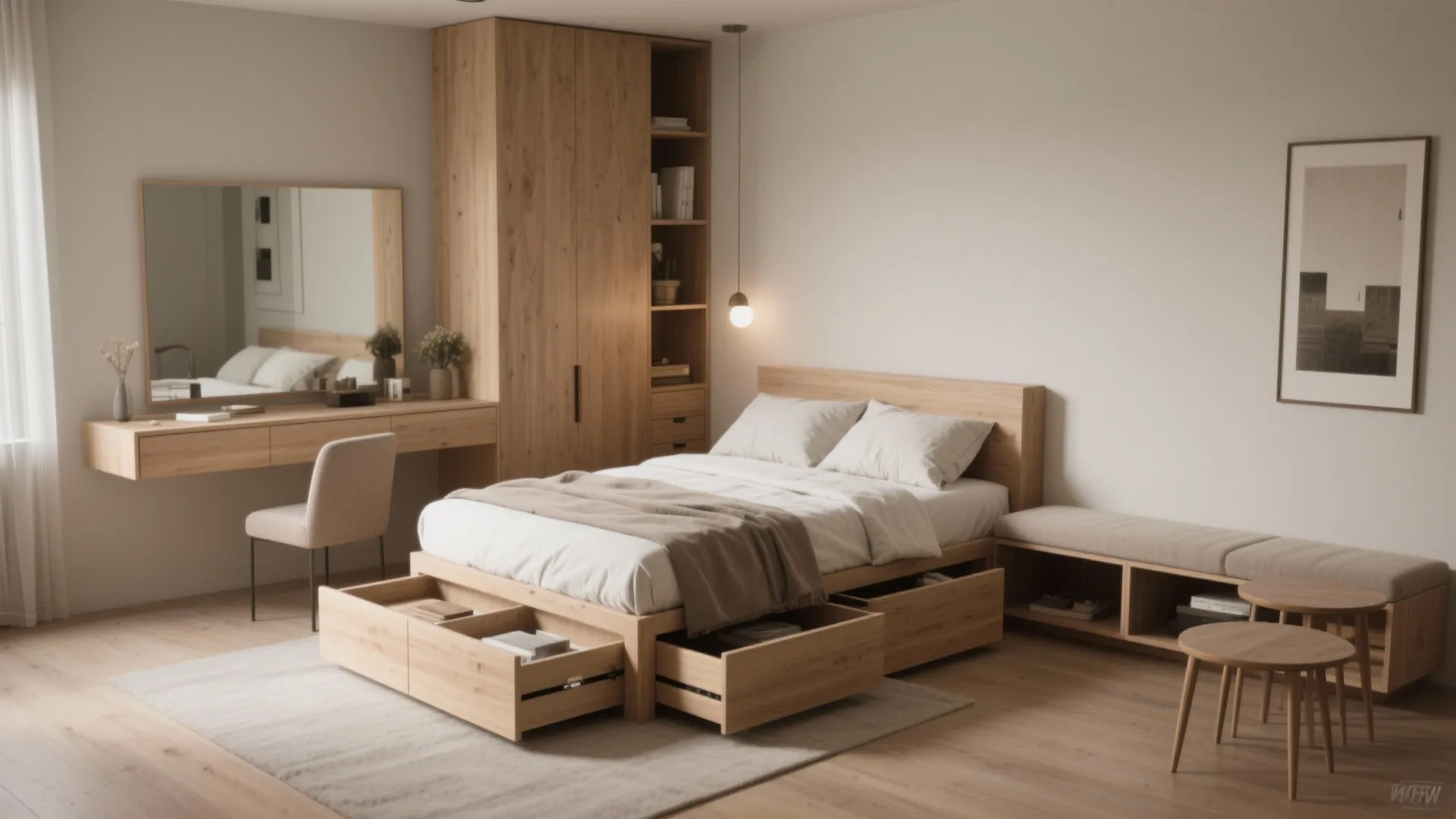 Modern wooden bedroom featuring storage bed with open drawers desk chair wardrobe and hanging light