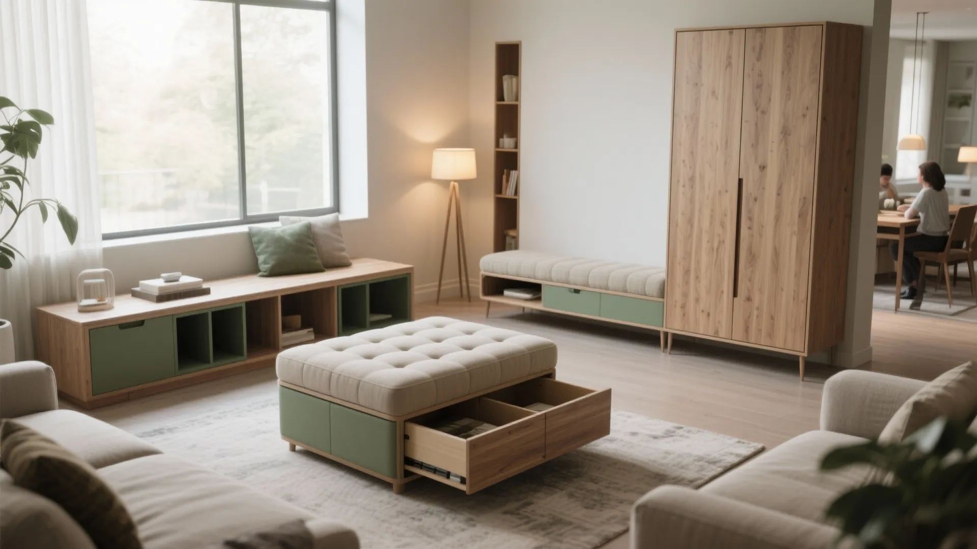 Living room featuring a storage footrest with open drawer beside a wooden cabinet and sofa