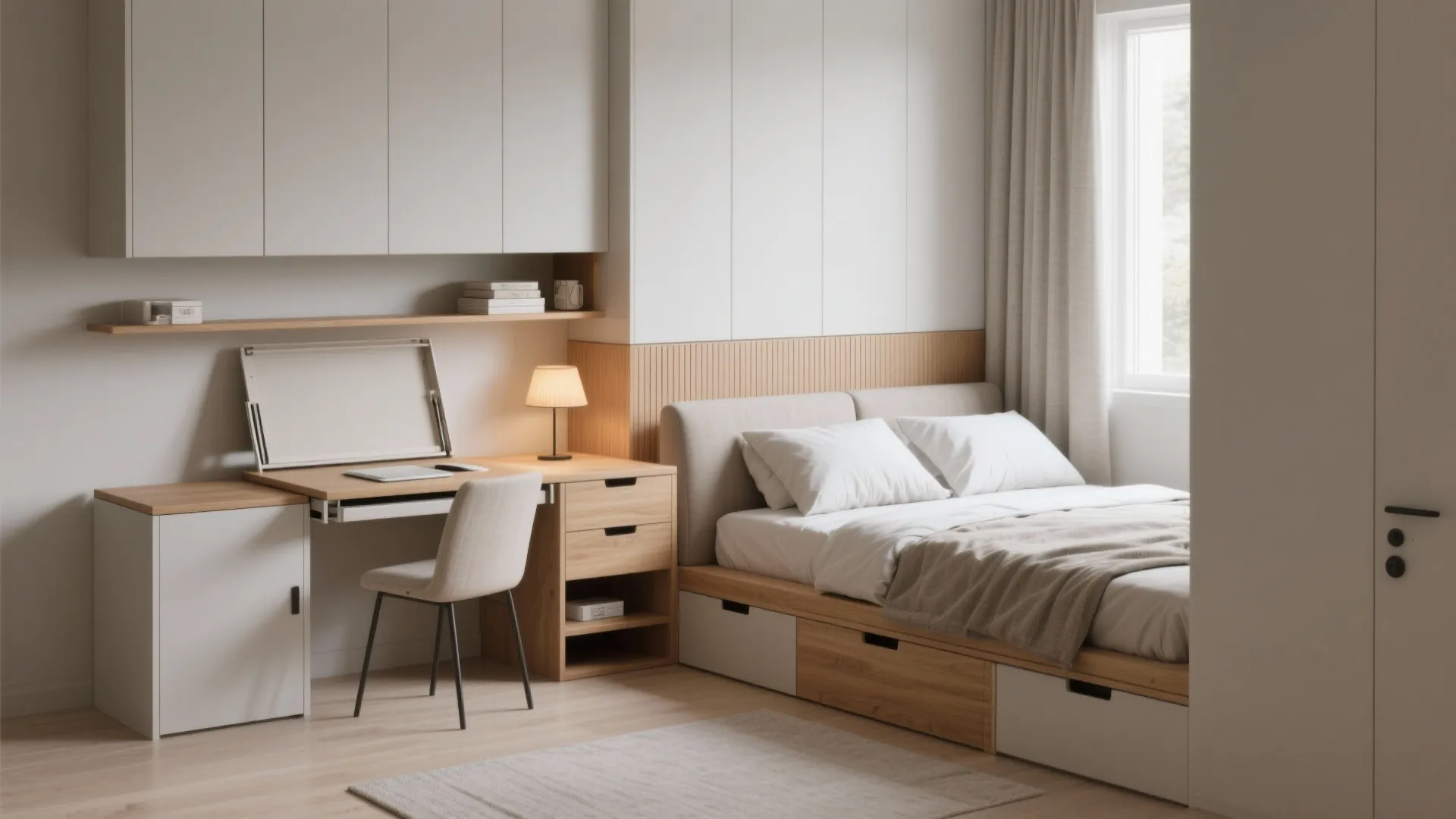 Daybed with storage, fold-down desk and multifunctional bedside shelf in a small bedroom.