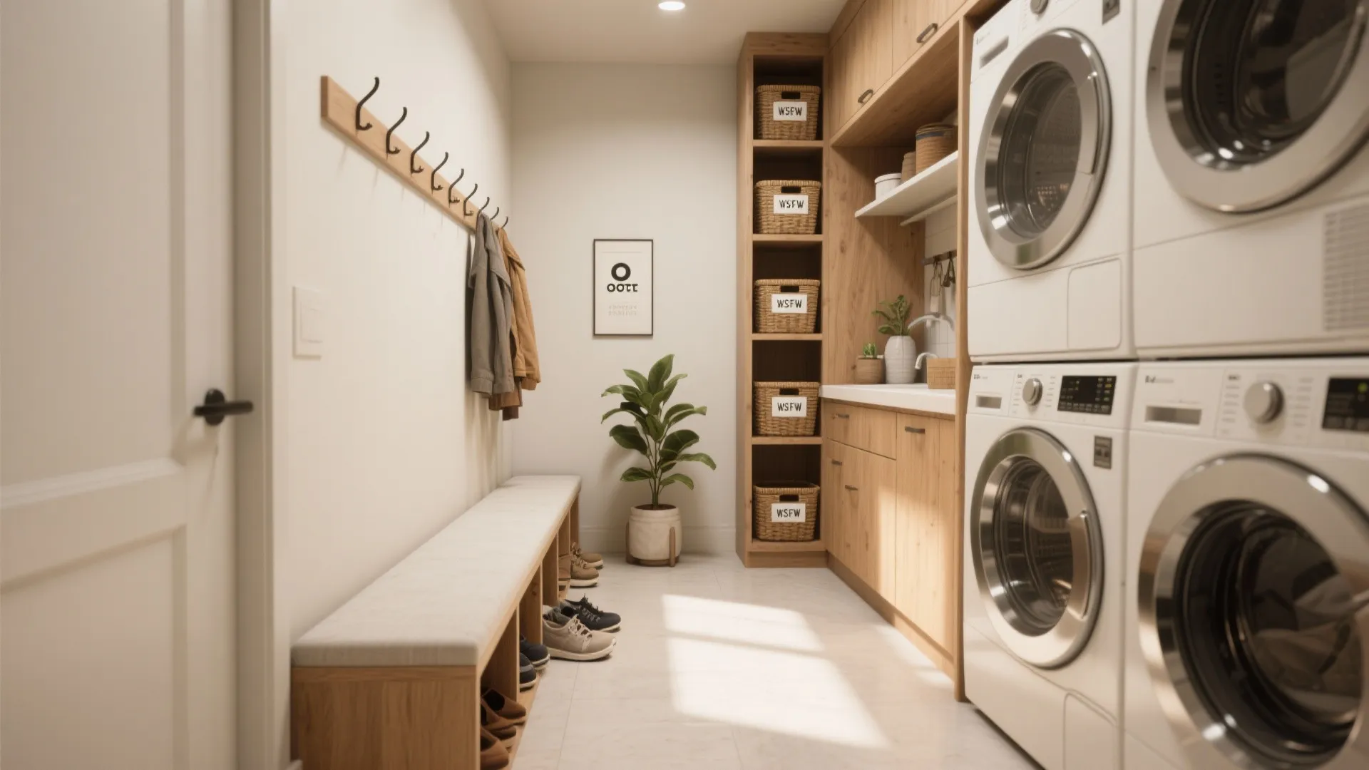 Modern laundry room with white washing machines wooden cabinets long bench wall hooks and green plant