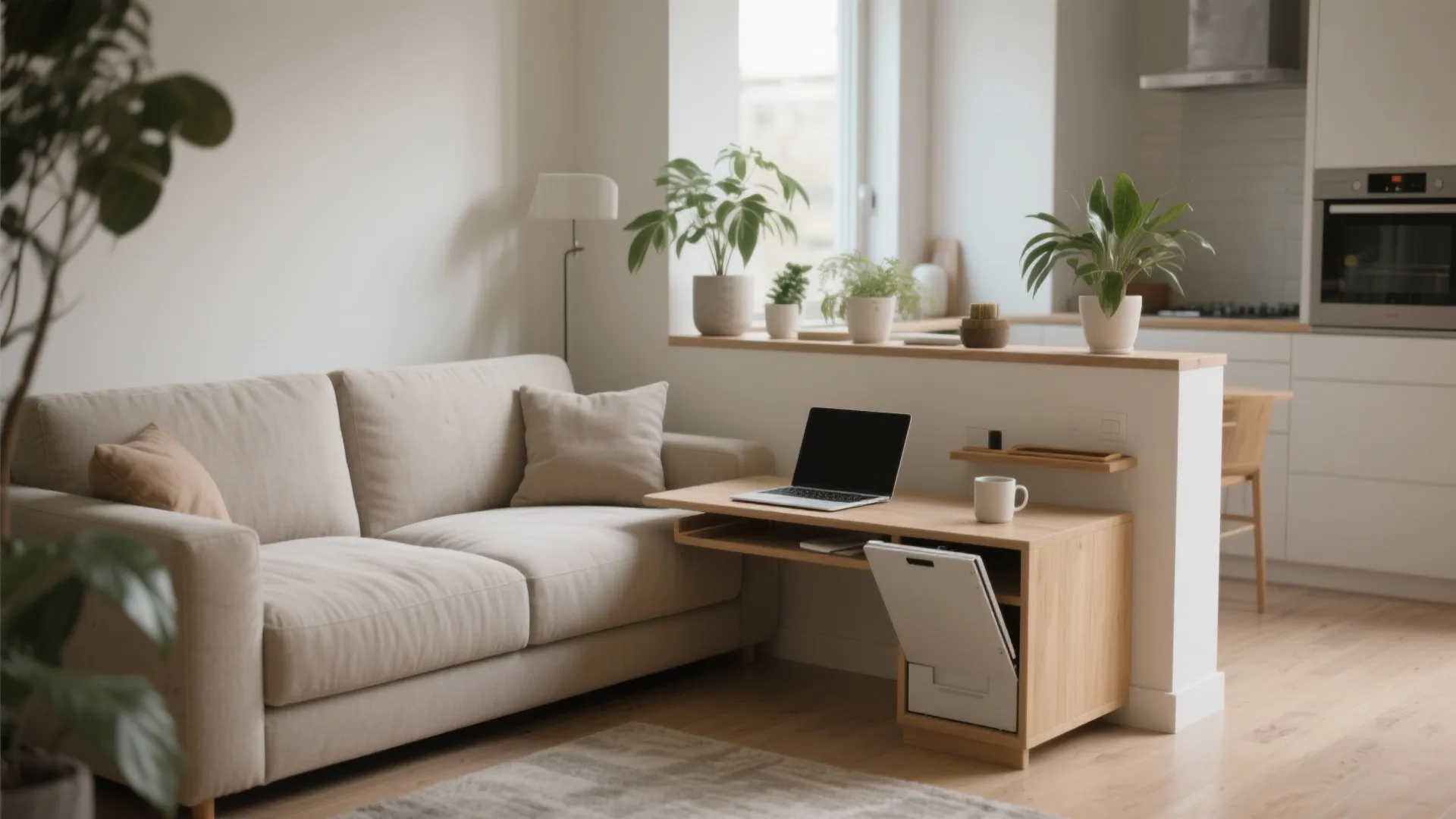 Modern studio apartment layout featuring a beige sofa next to a wooden desk and kitchen