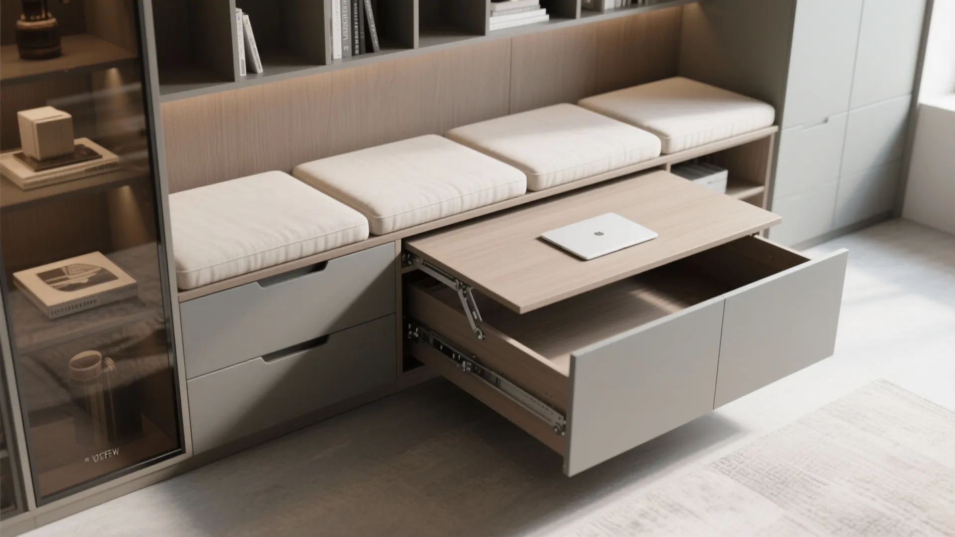 Grey cabinet with pull out wooden desk, laptop, seat cushions, and integrated storage for office
