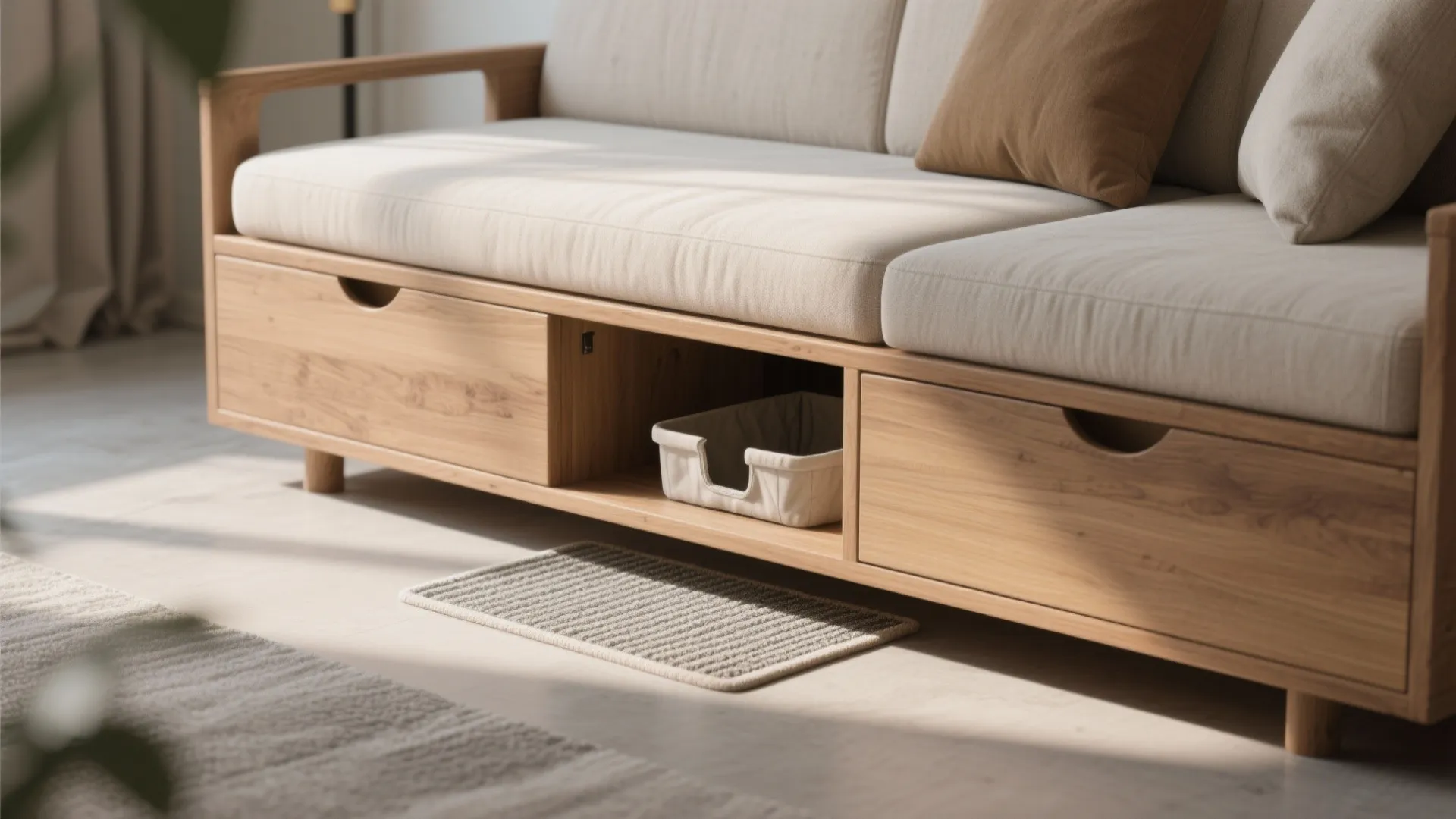 Wooden sofa with storage drawers and a small white pet bed placed in the center