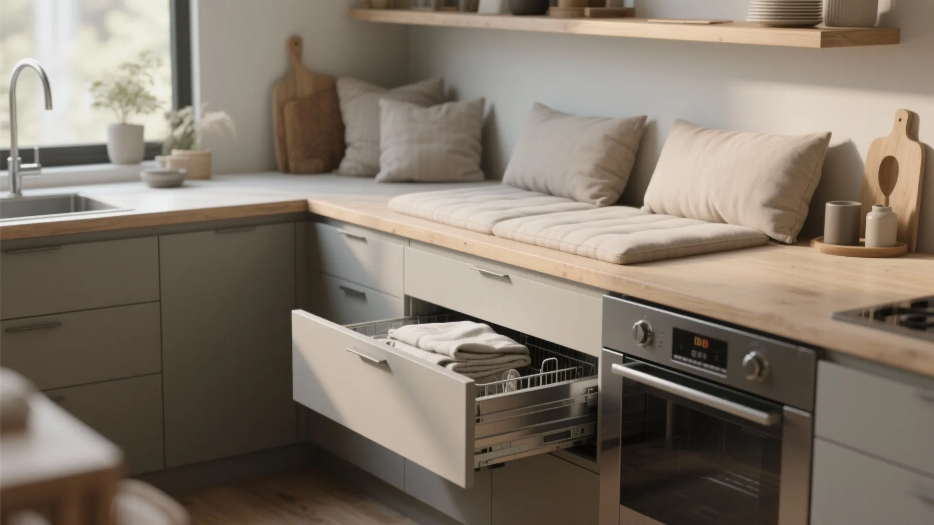 Built-in bench seating hiding a dishwasher and drawers, combining seating, appliances, and storage in one footprint.