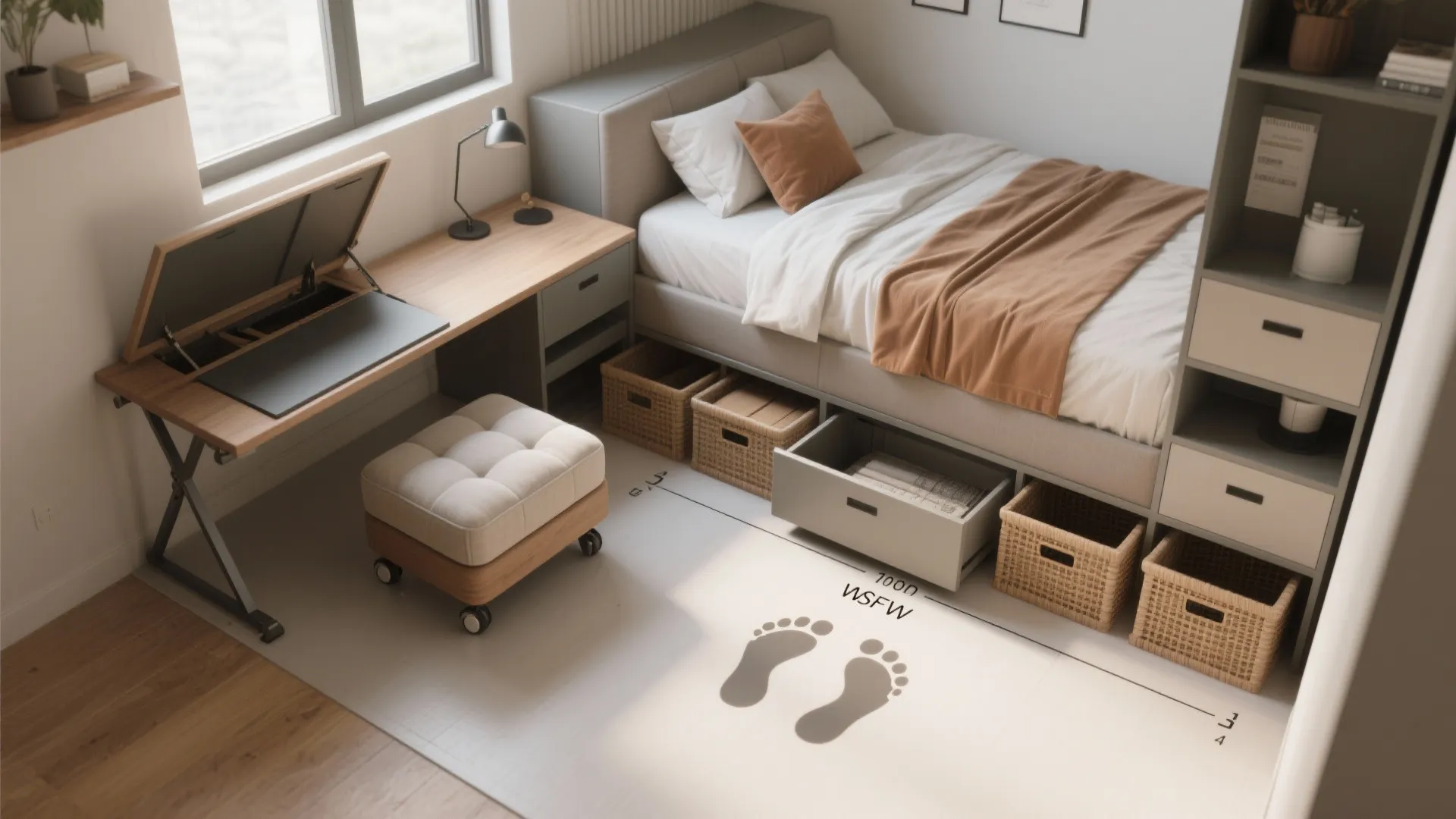 Top-down view of multi-functional furniture and under-bed rolling boxes showing clear footprints