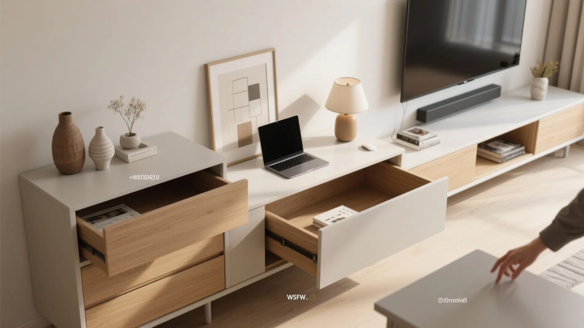 Long white and wood tv stand with open drawers holding a laptop and table lamp