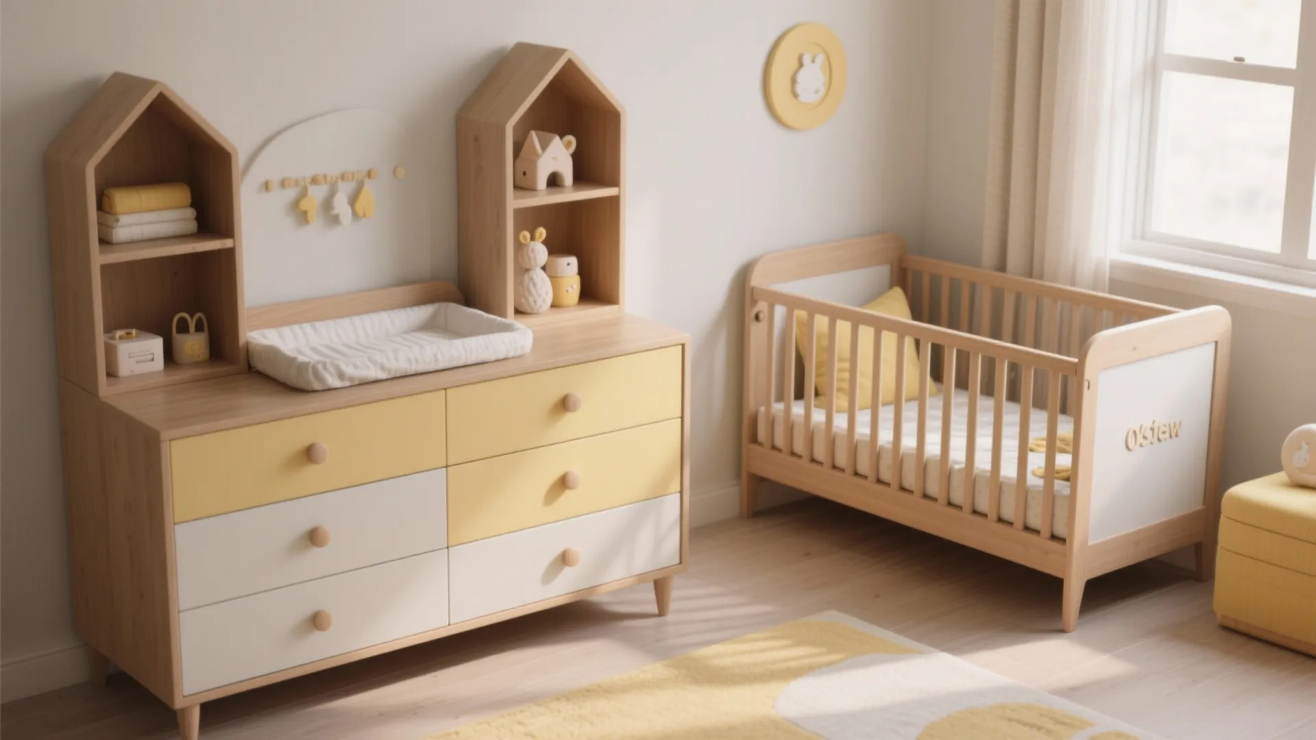 Convertible dresser doubling as a changing table and a crib that adapts as the child grows in a compact nursery.