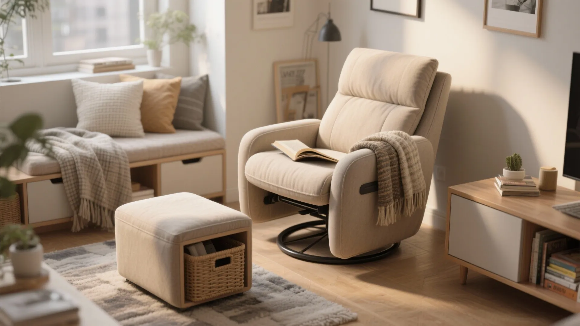 Compact swivel recliner in a studio used as a reading nook with ottoman and hidden storage.