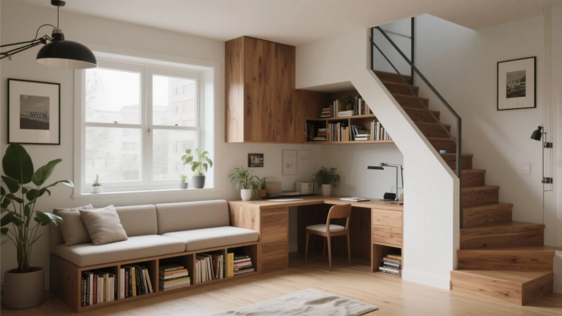 5. Multi-functional furniture: benches, desks, and stairs with shelving