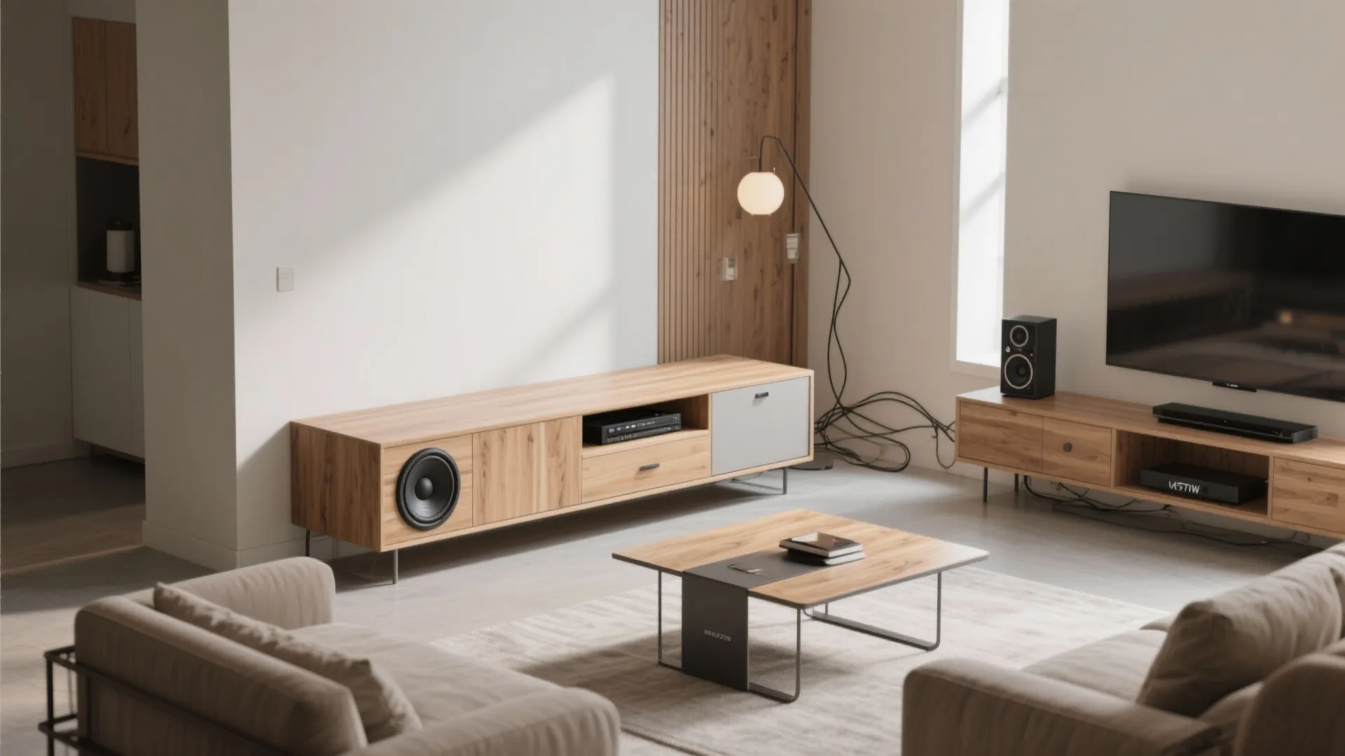 Modern living room with storage bench hiding a subwoofer and decoupled media cabinet for space-saving acoustics.