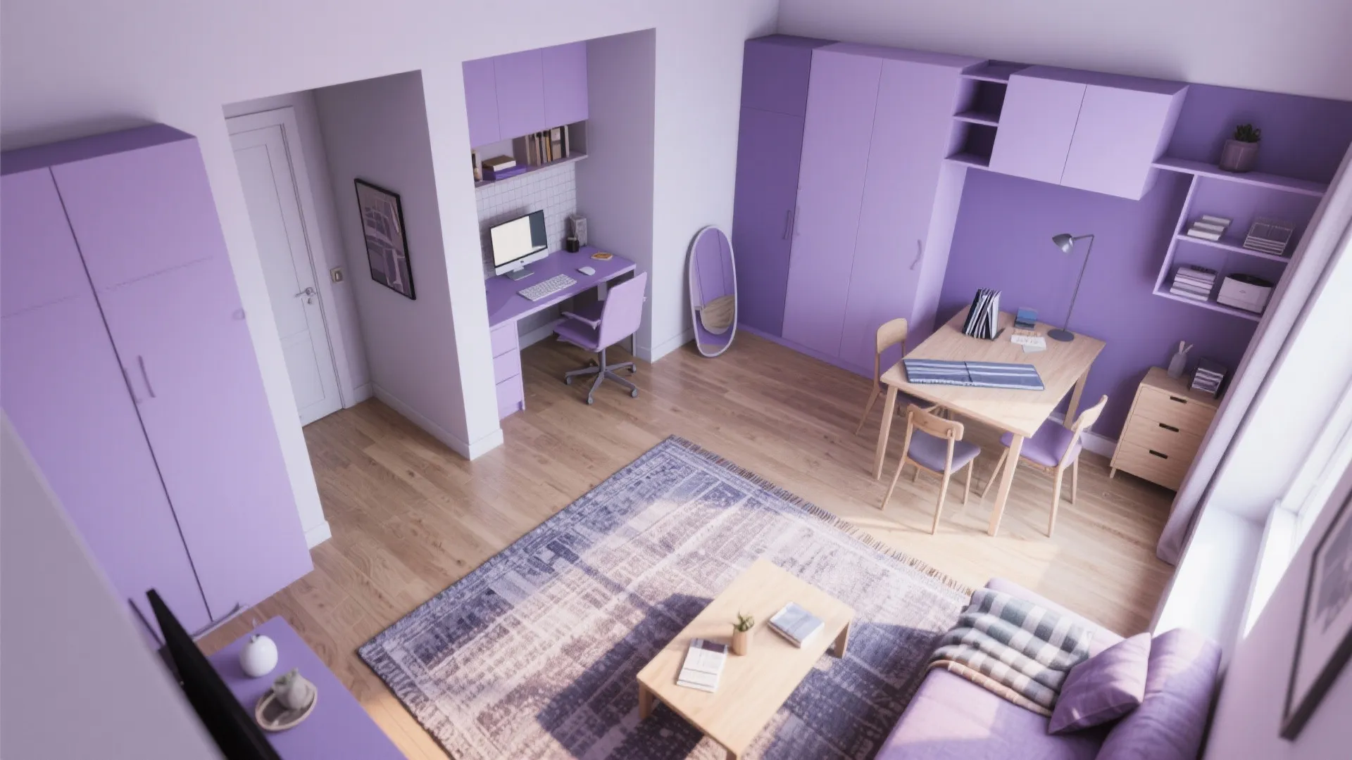 Top-down studio layout showing muted lavender base with multi-use zones and modular furniture.
