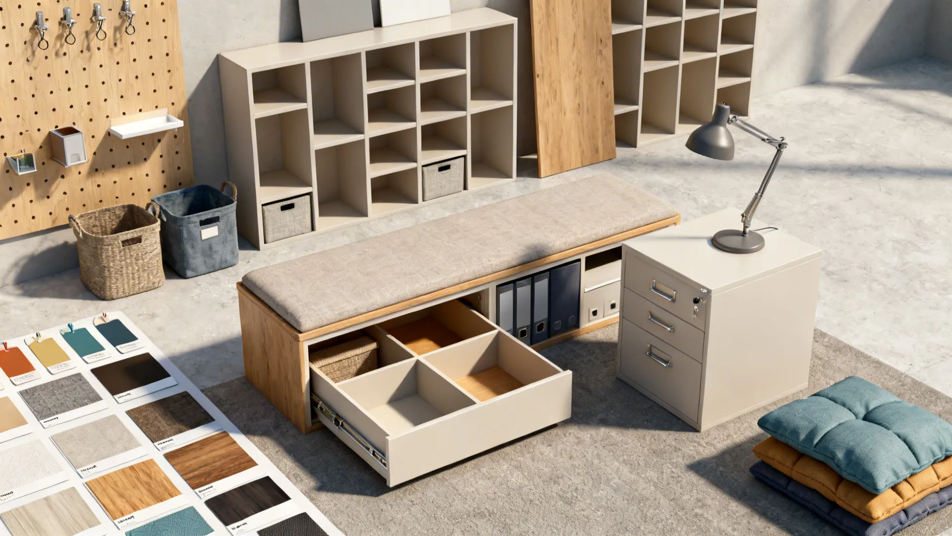 Storage bench with open drawers filing cabinet desk lamp and interior design material color swatches