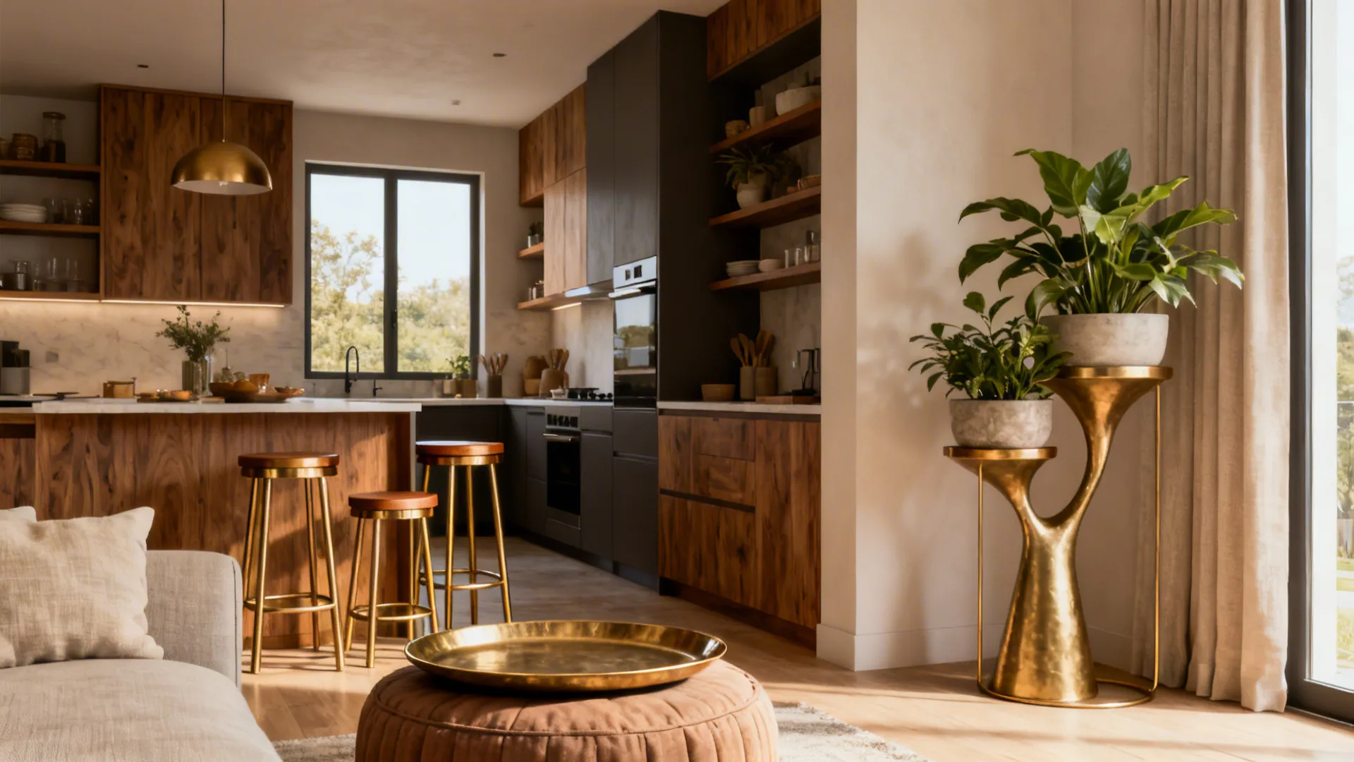 Nesting stools, tray-on-pouf and a plant stand serving as coffee table alternatives