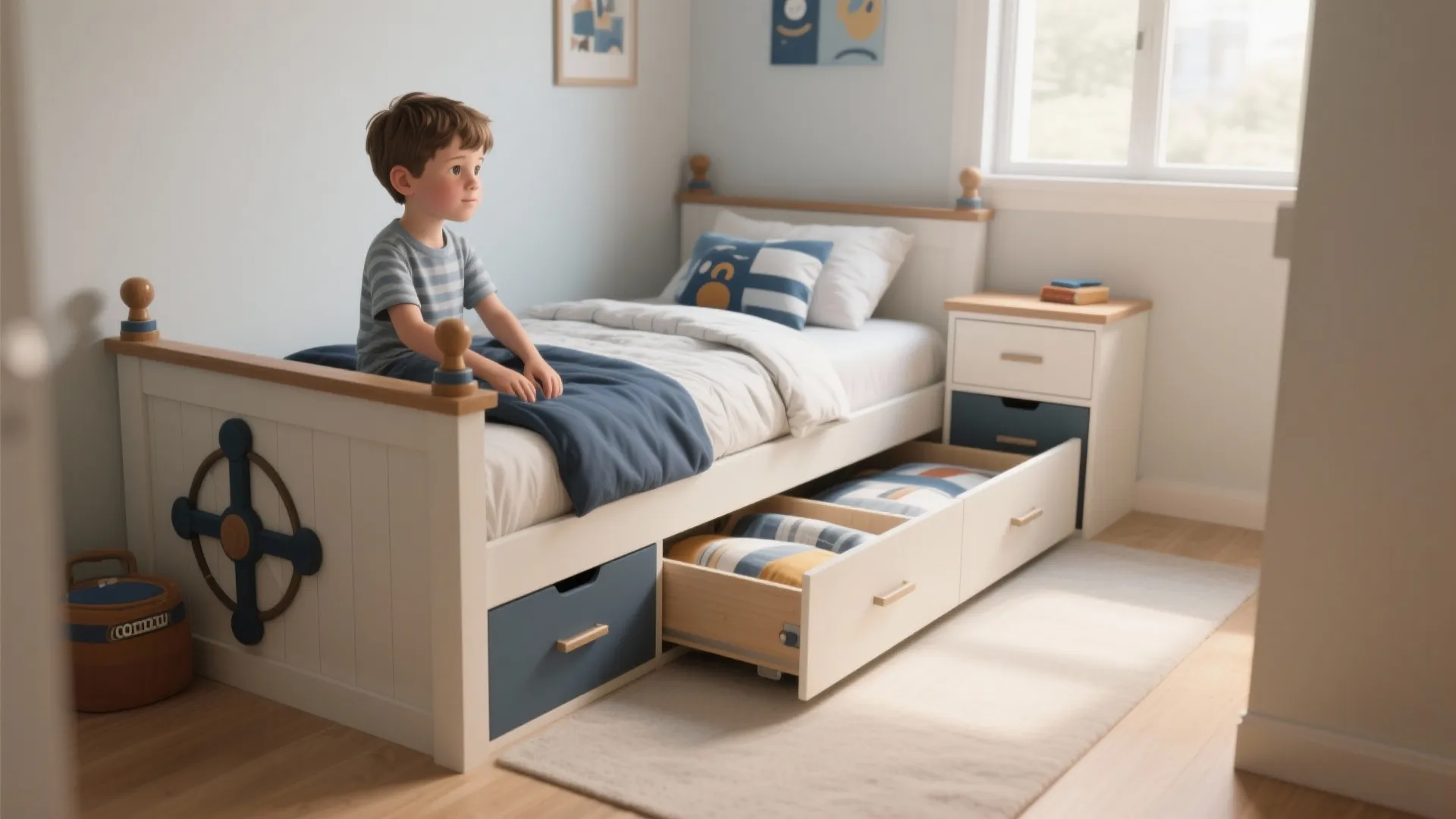 Functional white bed with open storage drawers for pillows in a bright blue boys bedroom