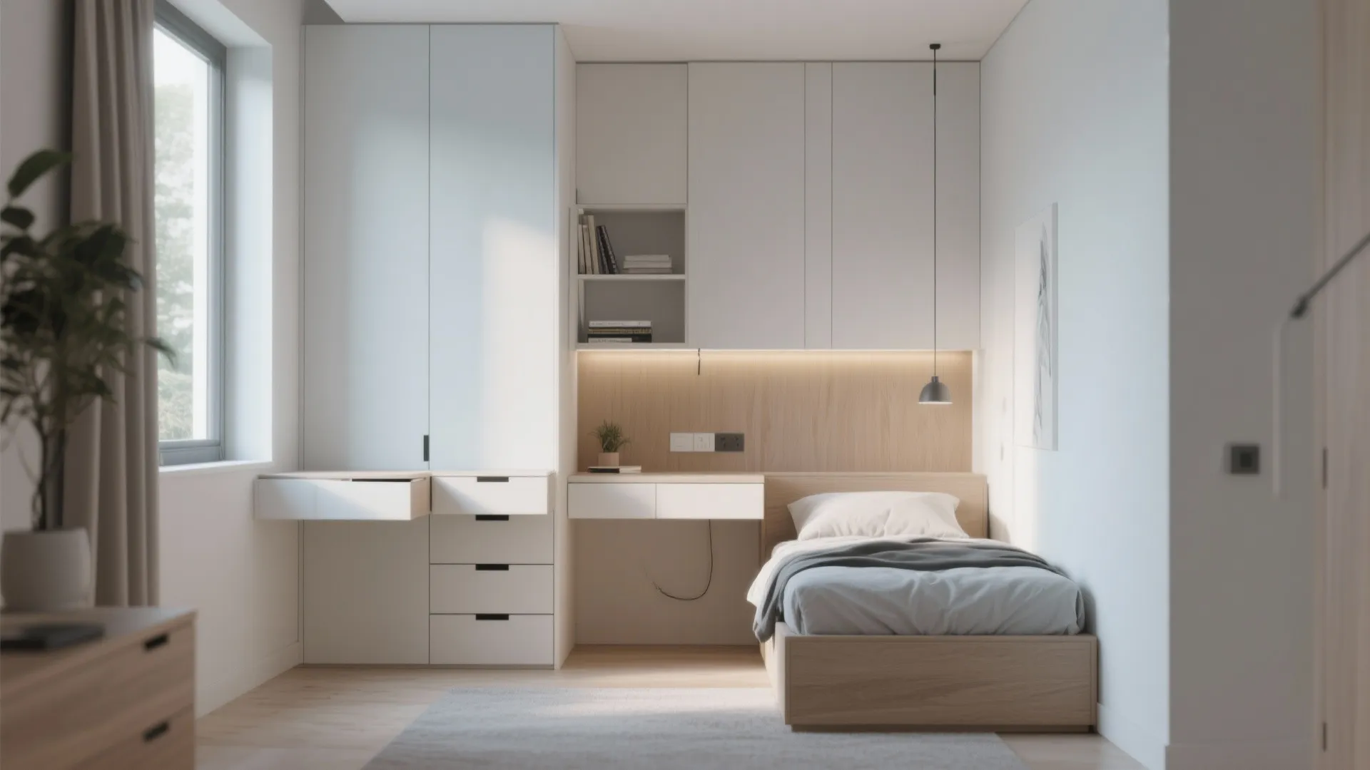 Bed with storage drawers and folding desk in small bedroom