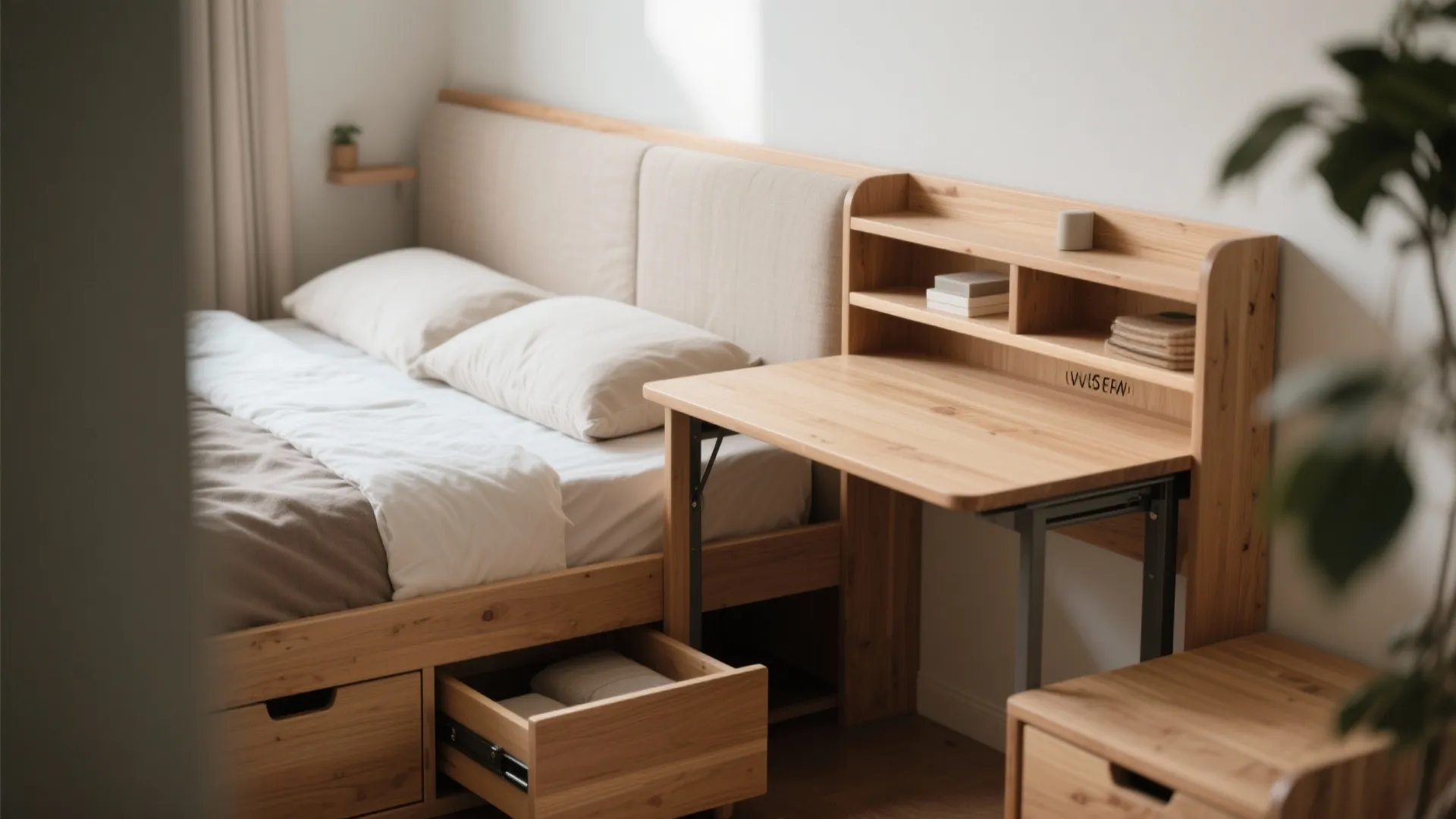 Wooden bed frame with storage drawers and an attached folding desk for small room space