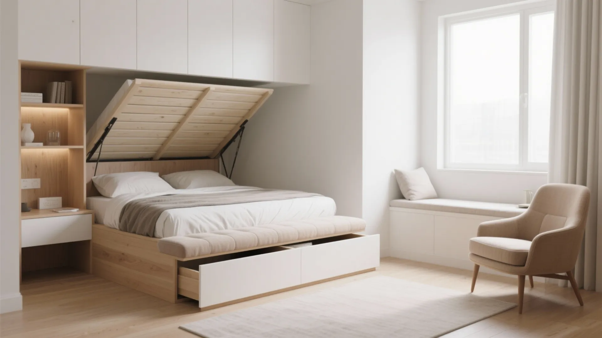 Bedroom with lift-up storage bed and dual-purpose bench
