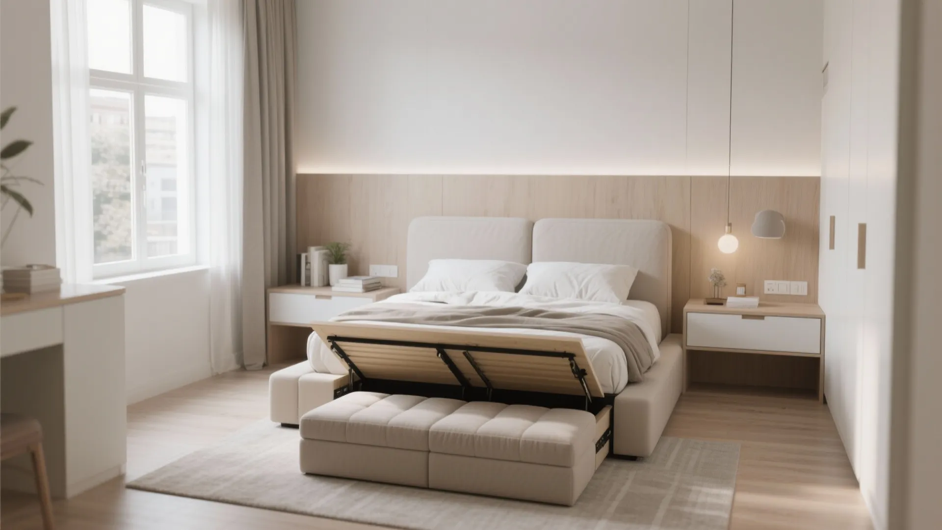 Lift-up bed and storage ottoman in small bedroom