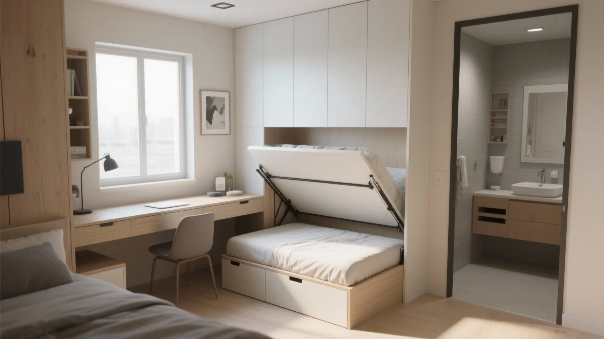 Modern bedroom with a white wall bed opening over storage drawers near a wooden desk