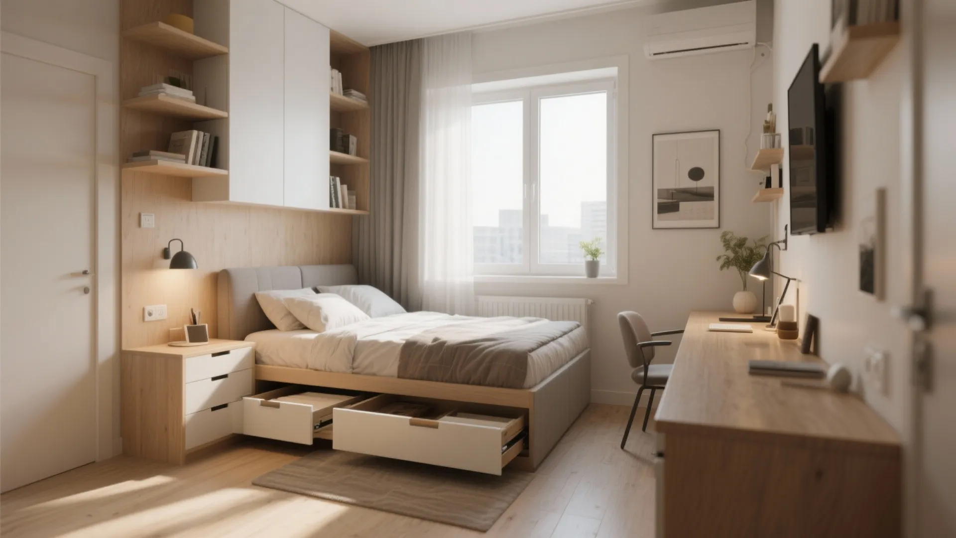 Multi-functional bed with drawers and fold-out desk in a small apartment