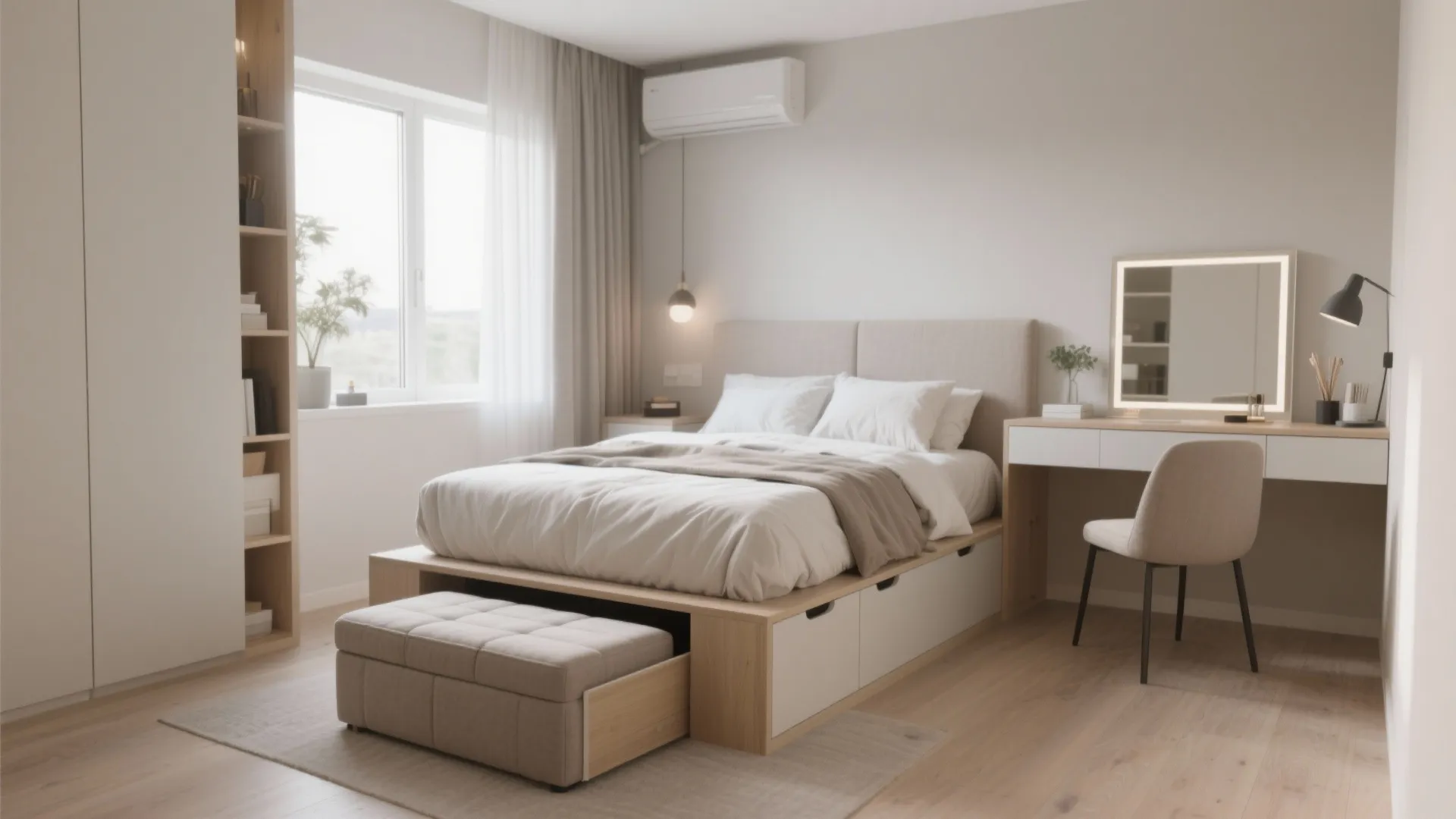 Modern bedroom featuring storage bed with footrest dressing table lighted mirror and tall wooden bookshelf