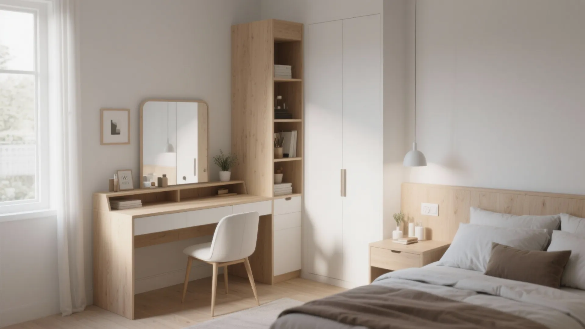 Modern bedroom featuring wooden desk with mirror white chair tall cabinet and white built-in wardrobe