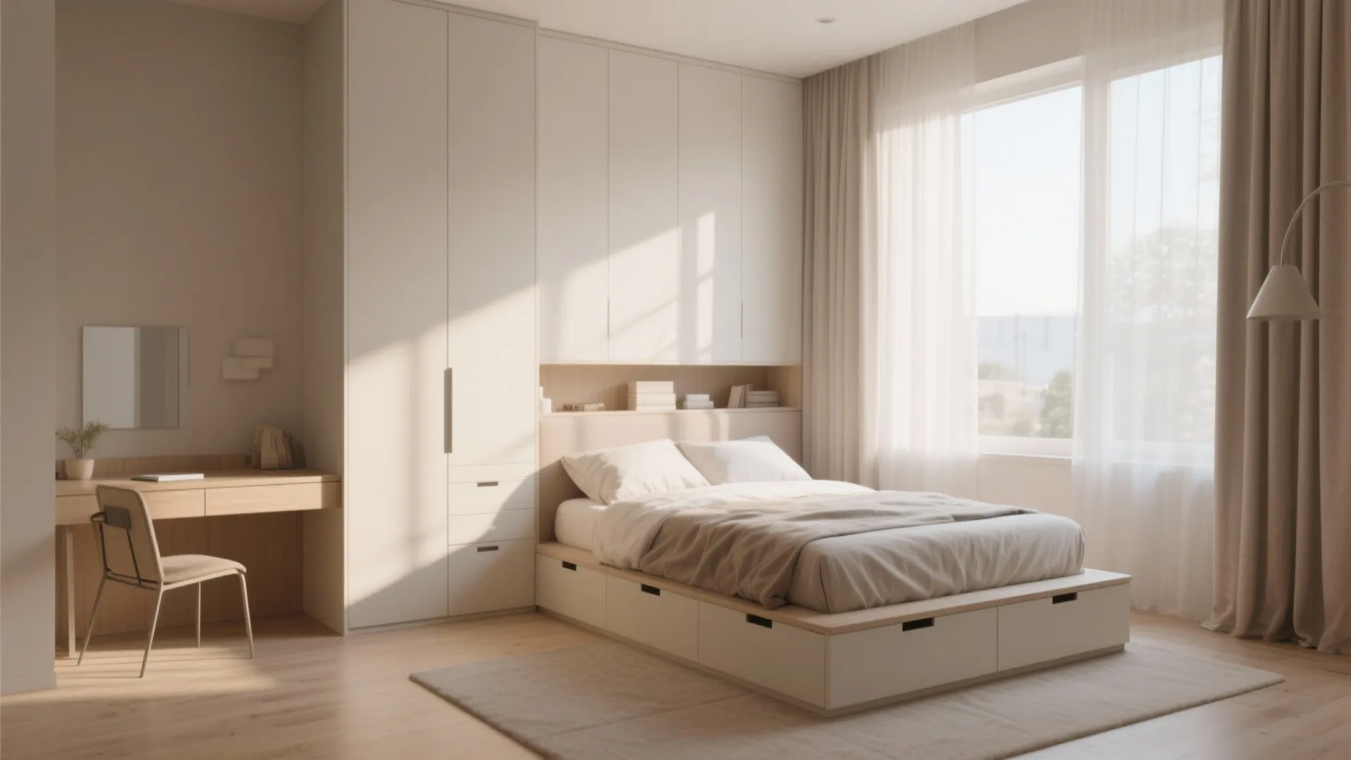 Minimalist bedroom design with bed storage drawers, white cabinet, wood desk, and large bright window