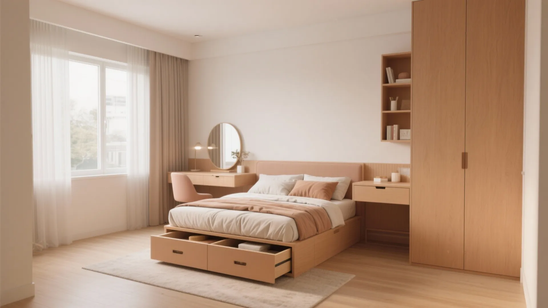 Modern wooden bedroom set featuring storage bed drawers with desk and matching large tall cabinet