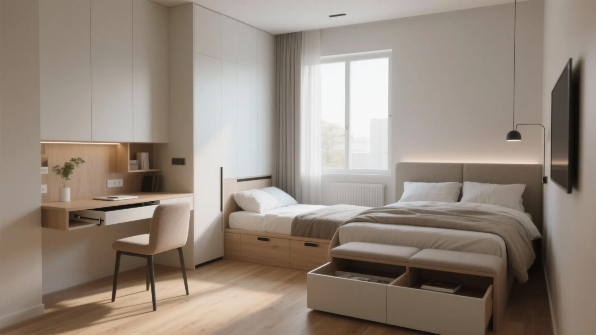 Compact bedroom with fold-out desk and Murphy bed