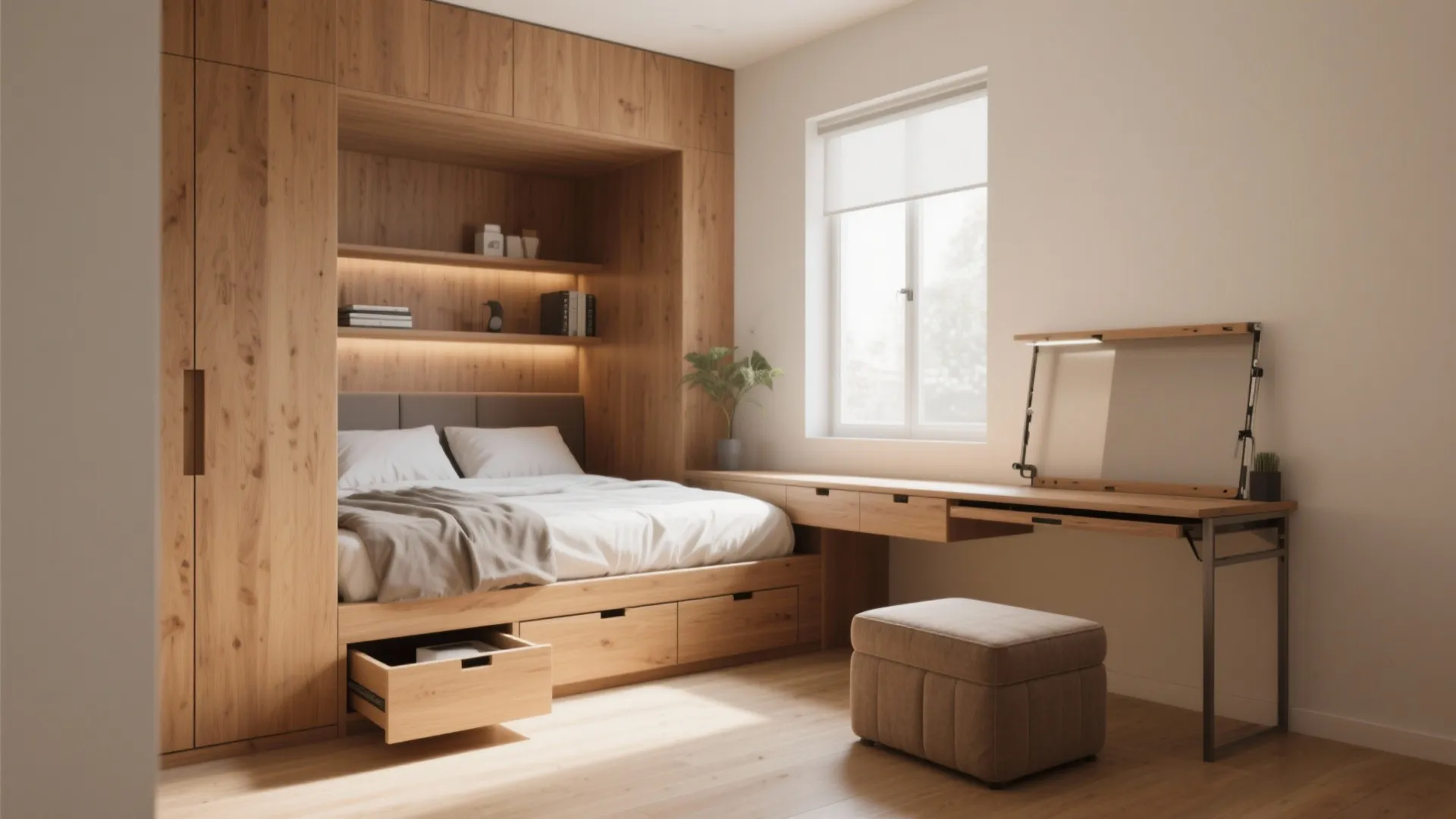 Modern bedroom with wooden storage bed built-in cabinet desk footrest and window with natural light source