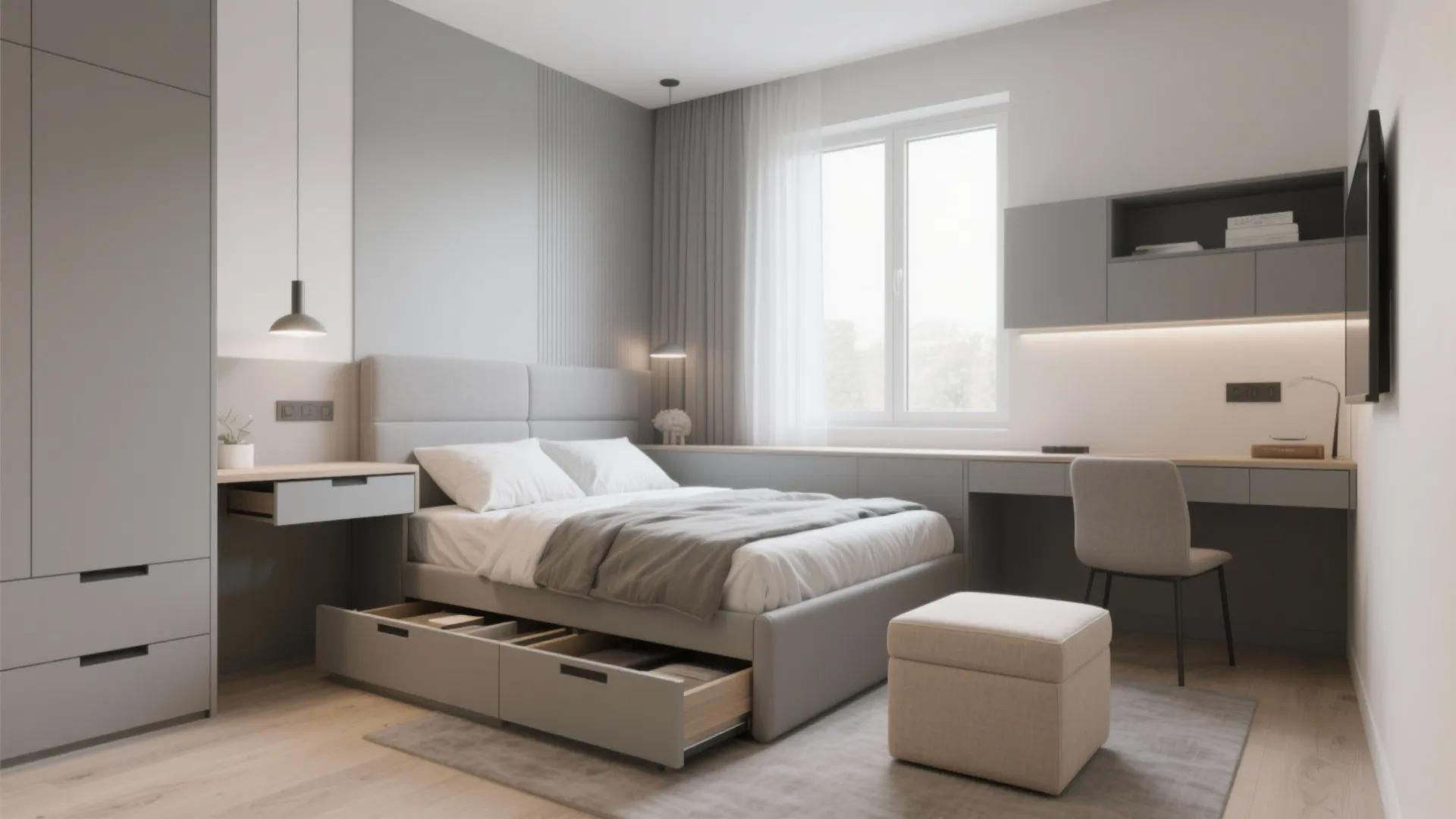 Modern grey bedroom featuring a bed with open drawers desk chair wardrobe and a footrest