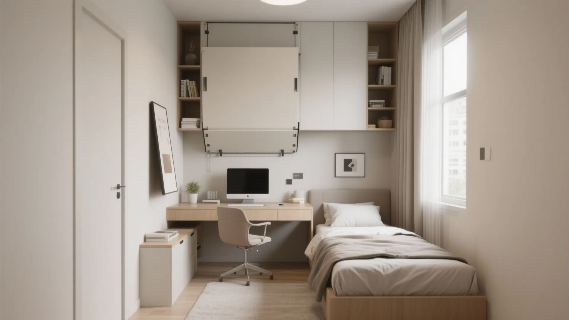 Modern small bedroom featuring a single bed wooden desk computer white chair and wall storage