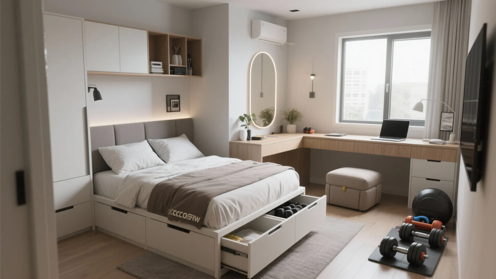 Small bedroom interior design featuring a storage bed with drawers and a corner work desk area