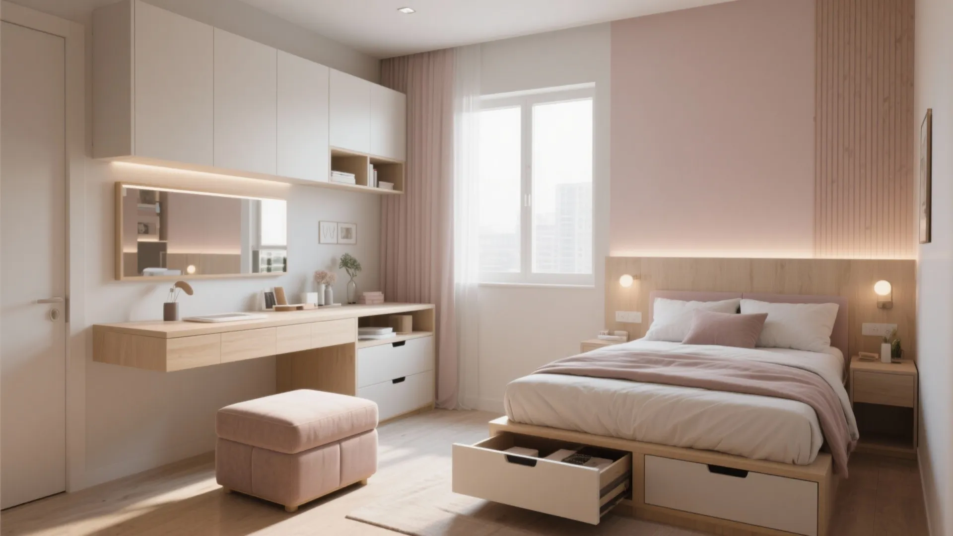 Pink and white bedroom with wooden desk wall cabinet footrest and bed with open drawer