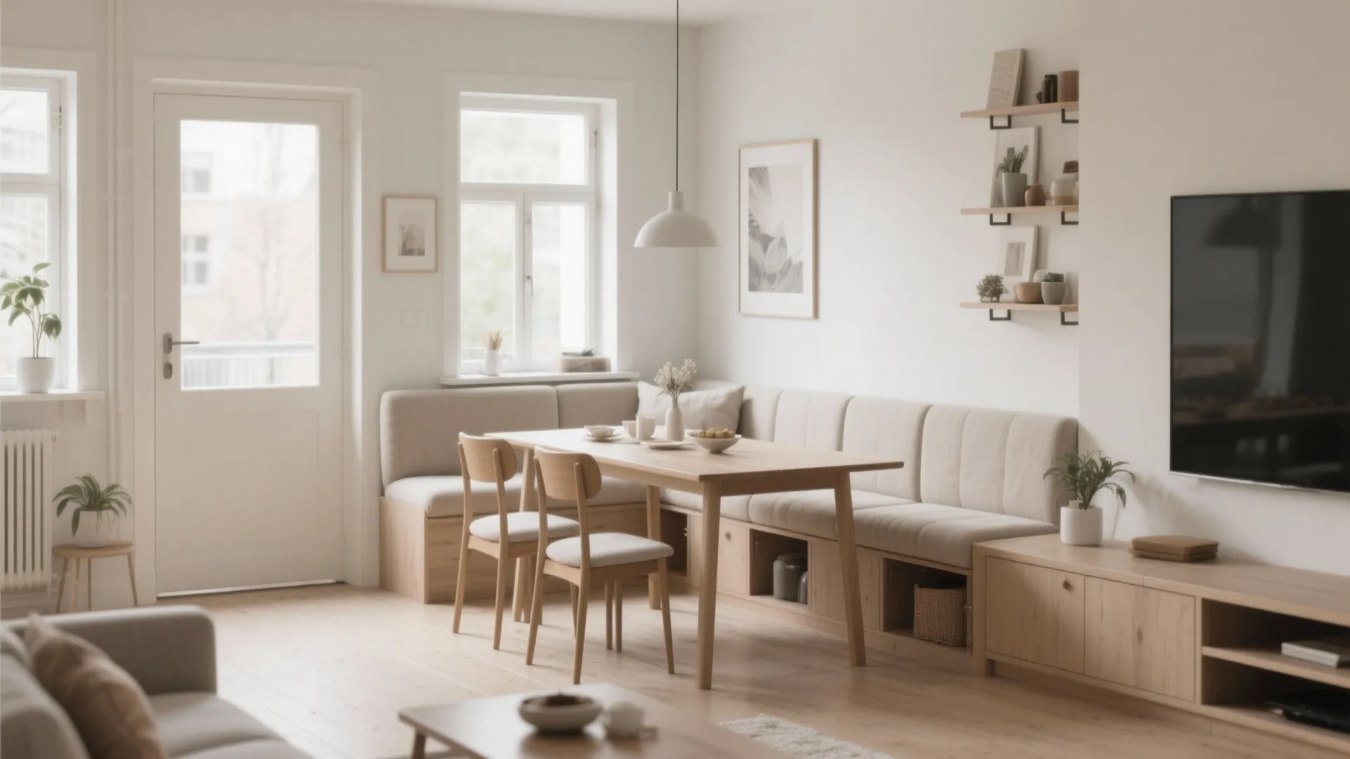 Modern dining area with built-in corner bench seating wood table two chairs and ceiling light