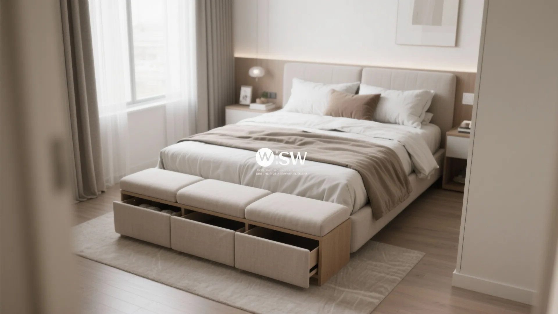 Modern cozy bedroom with comfortable bed and a storage bench featuring three open pullout drawers