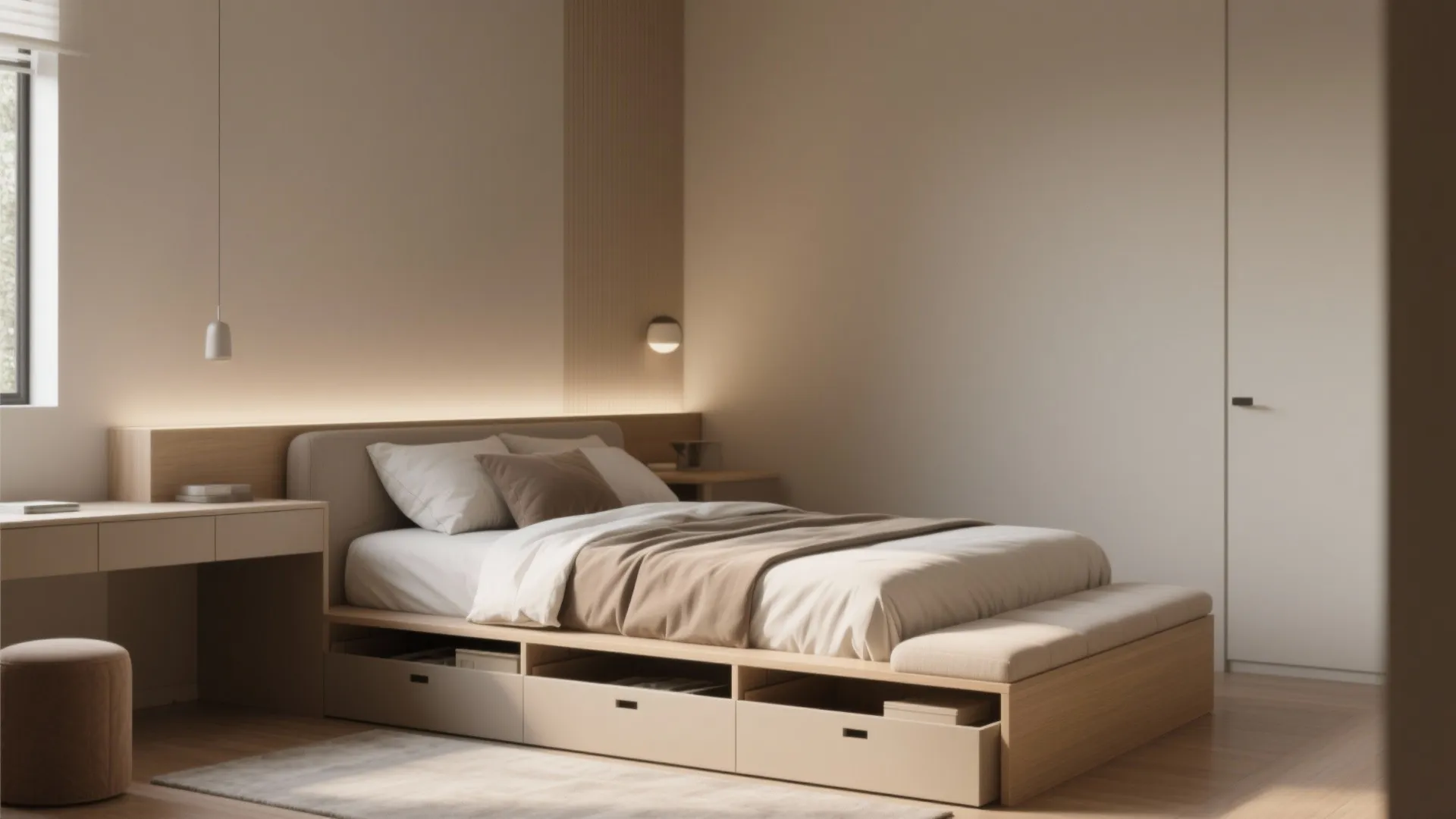 Minimalist bedroom with wooden bed frame including storage drawers and a small desk with chair