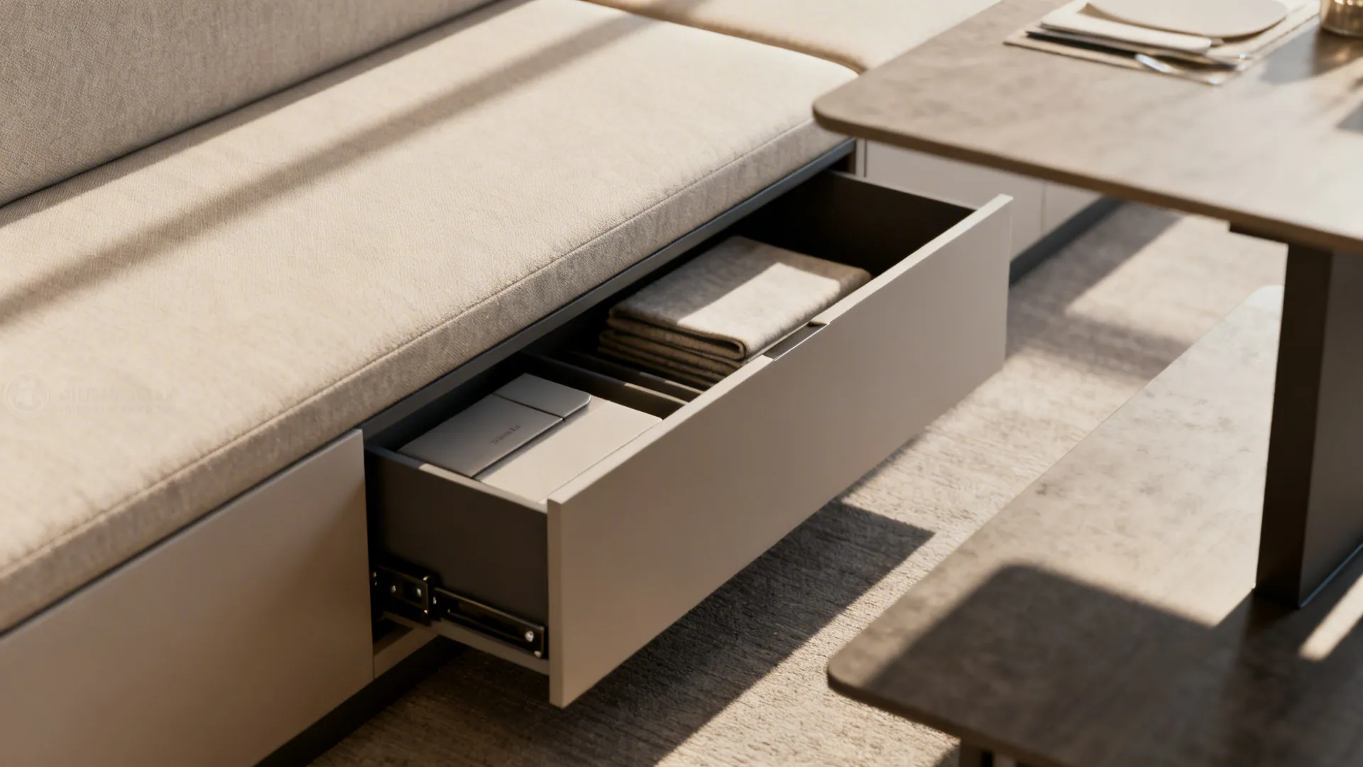 Close-up of a sleek bench with hidden storage and a convertible coffee table in a compact living room.