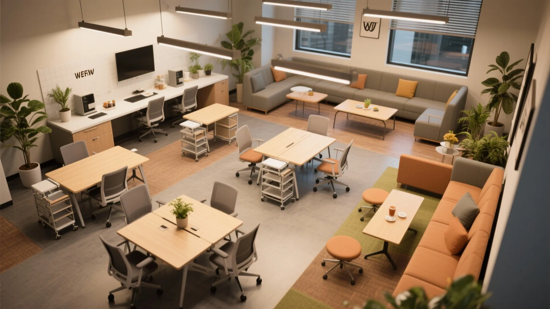 Spacious office common area with wooden desks grey sofas orange cushions and many indoor plants